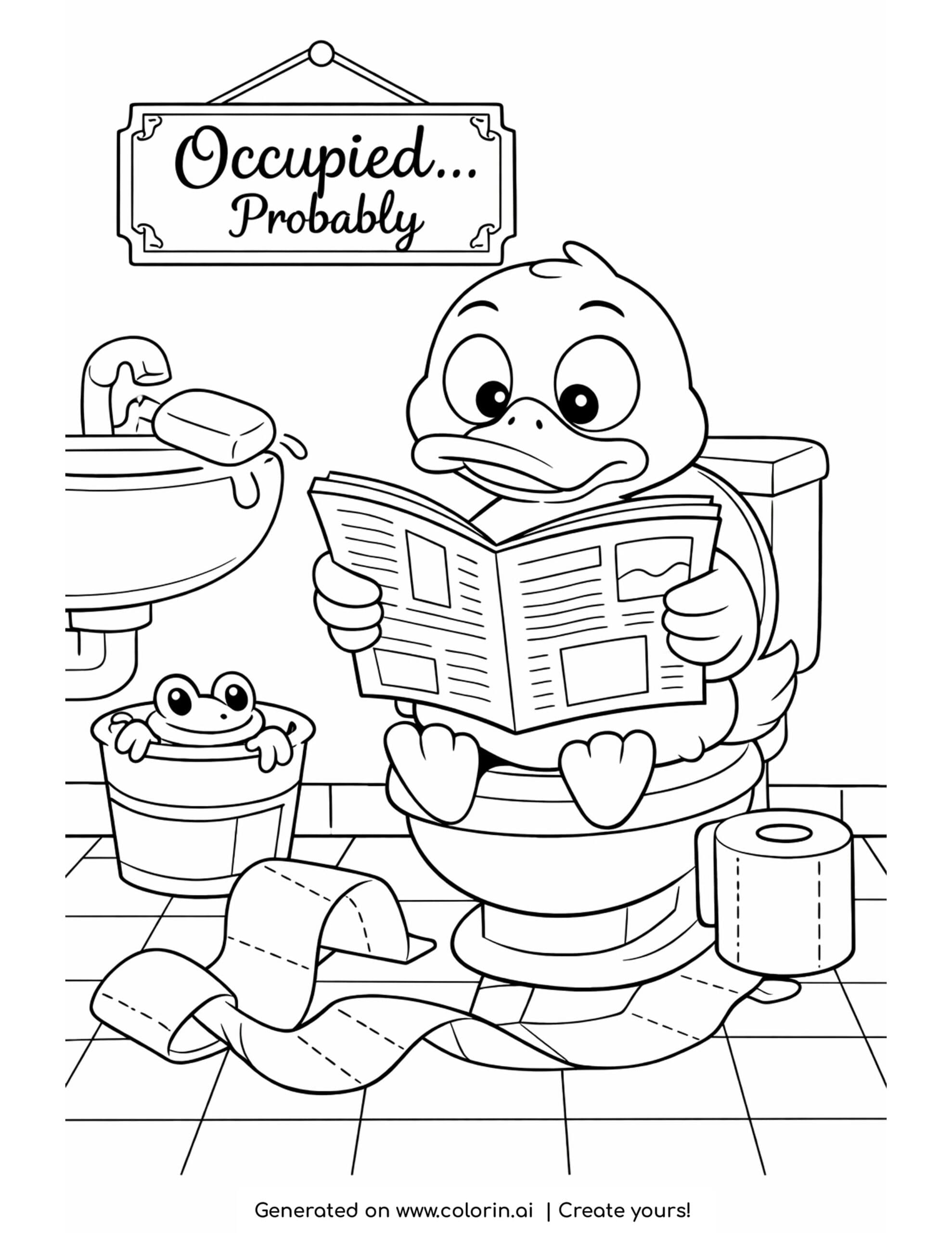 duck reading newspaper coloring page with frog bucket and toilet paper