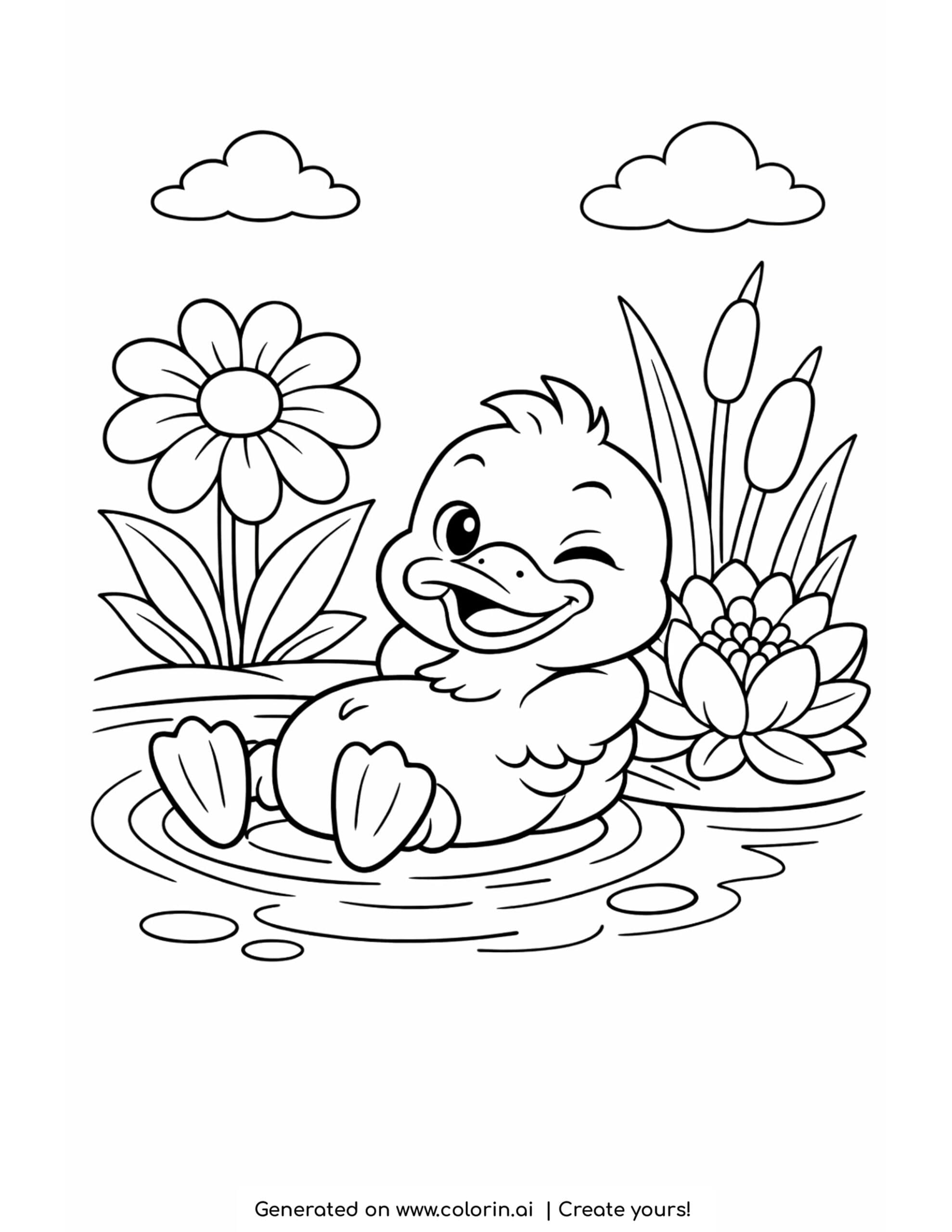 duck relaxing in pond coloring page with flowers and gentle water ripples