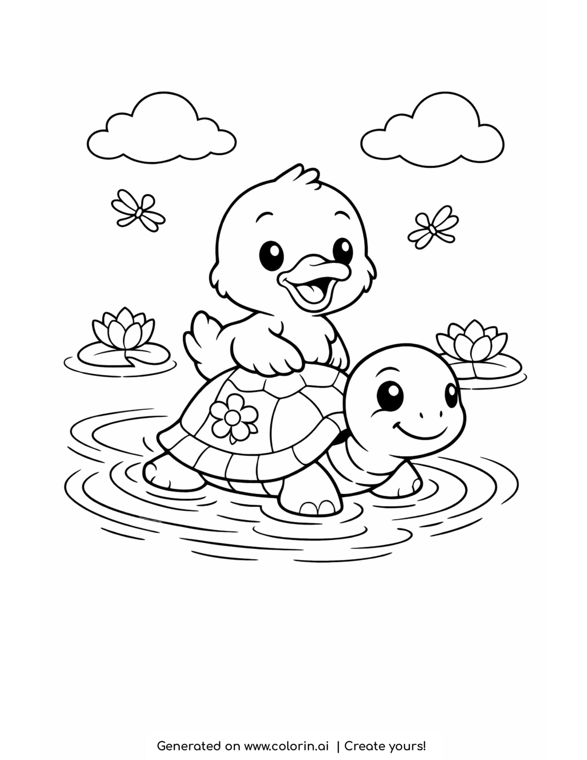 duck riding a turtle coloring page with pond ripples and lily flowers