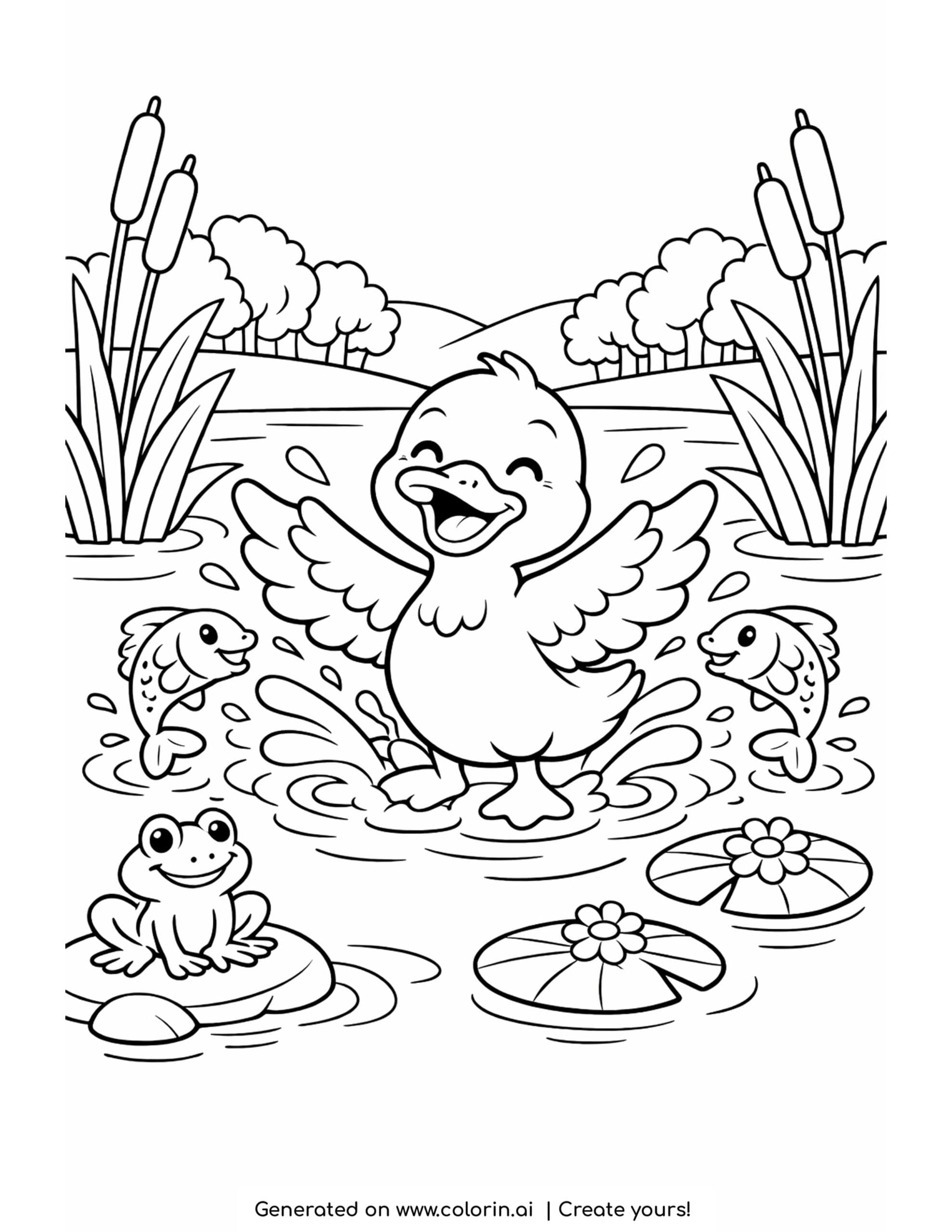 duck splashing in a pond coloring page with fish frog and lily pads