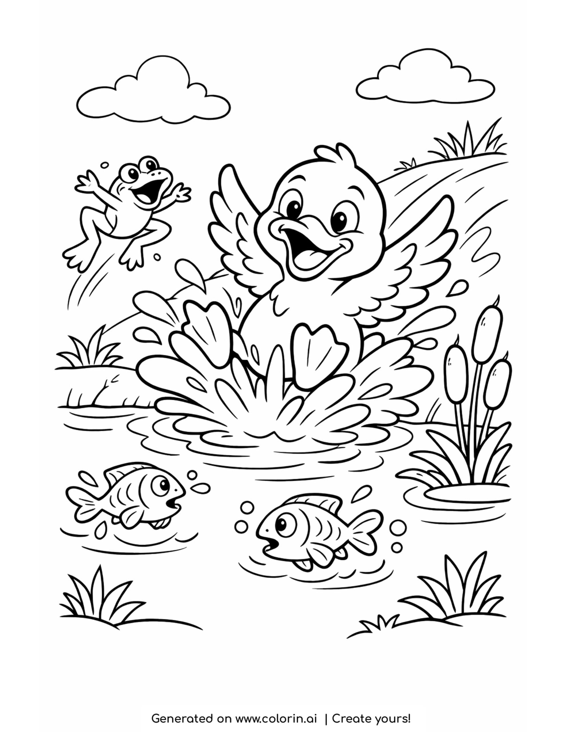 duck splashing into pond coloring page with fish and jumping frog