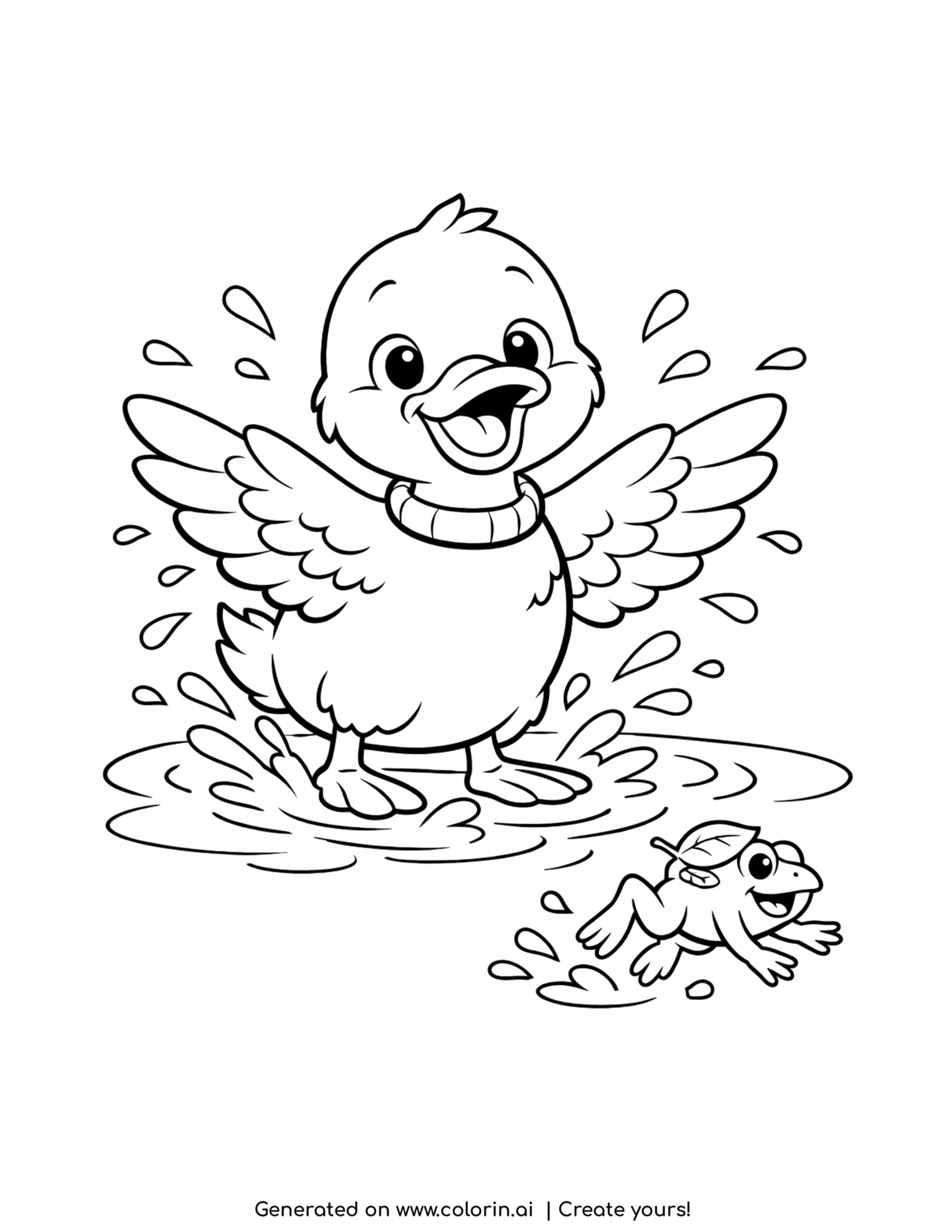 duck splashing with frog coloring page in shallow pond water