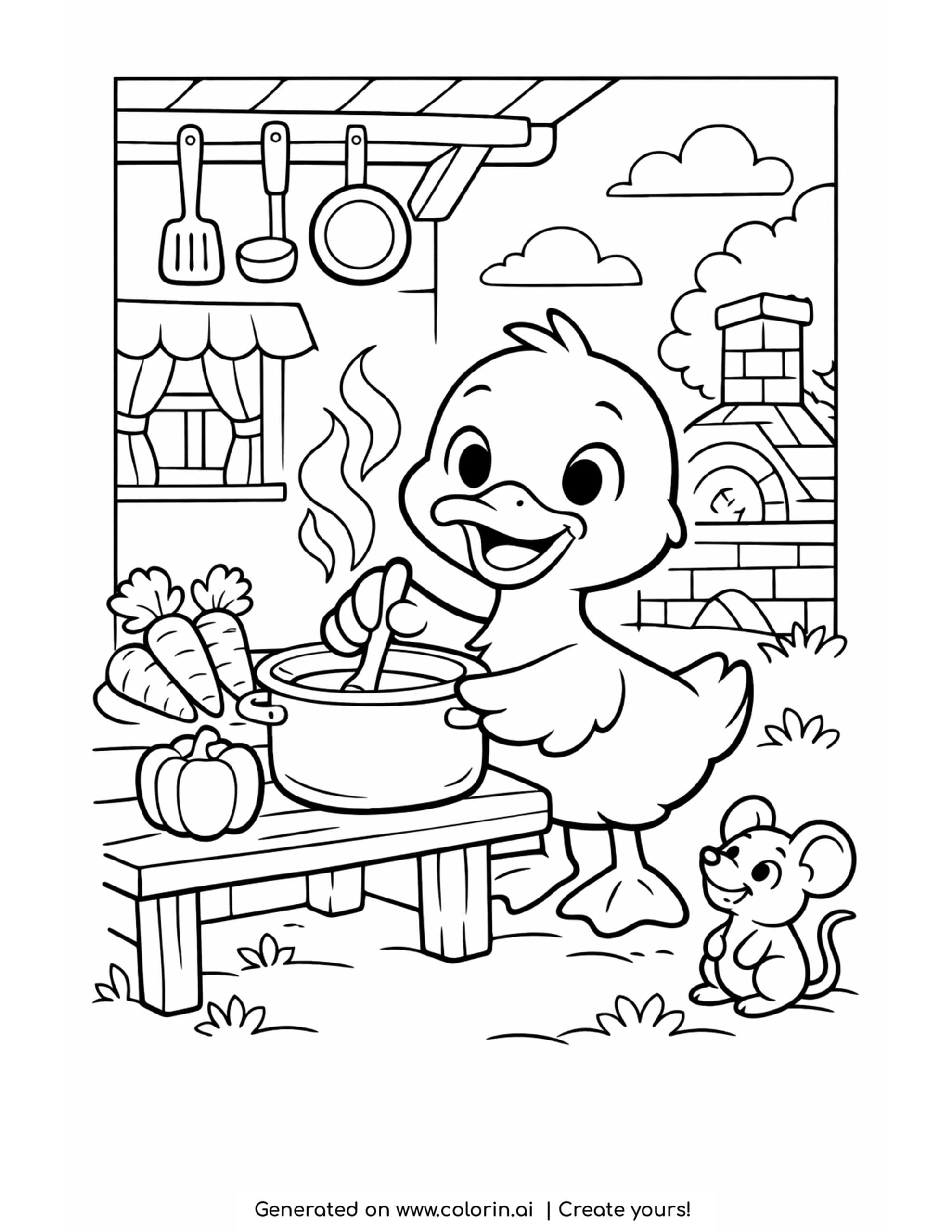 duck stirring soup pot coloring page in an outdoor kitchen