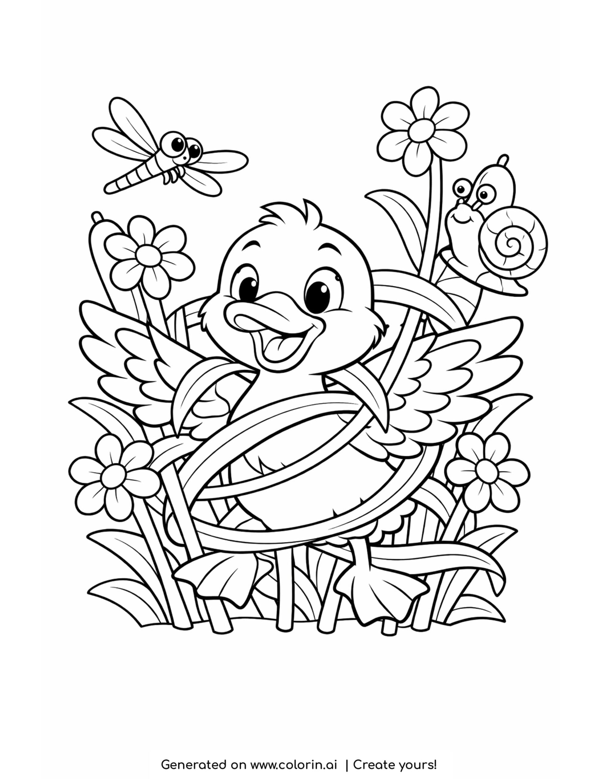 duck tangled in reeds coloring page with flowers, dragonfly, and snail