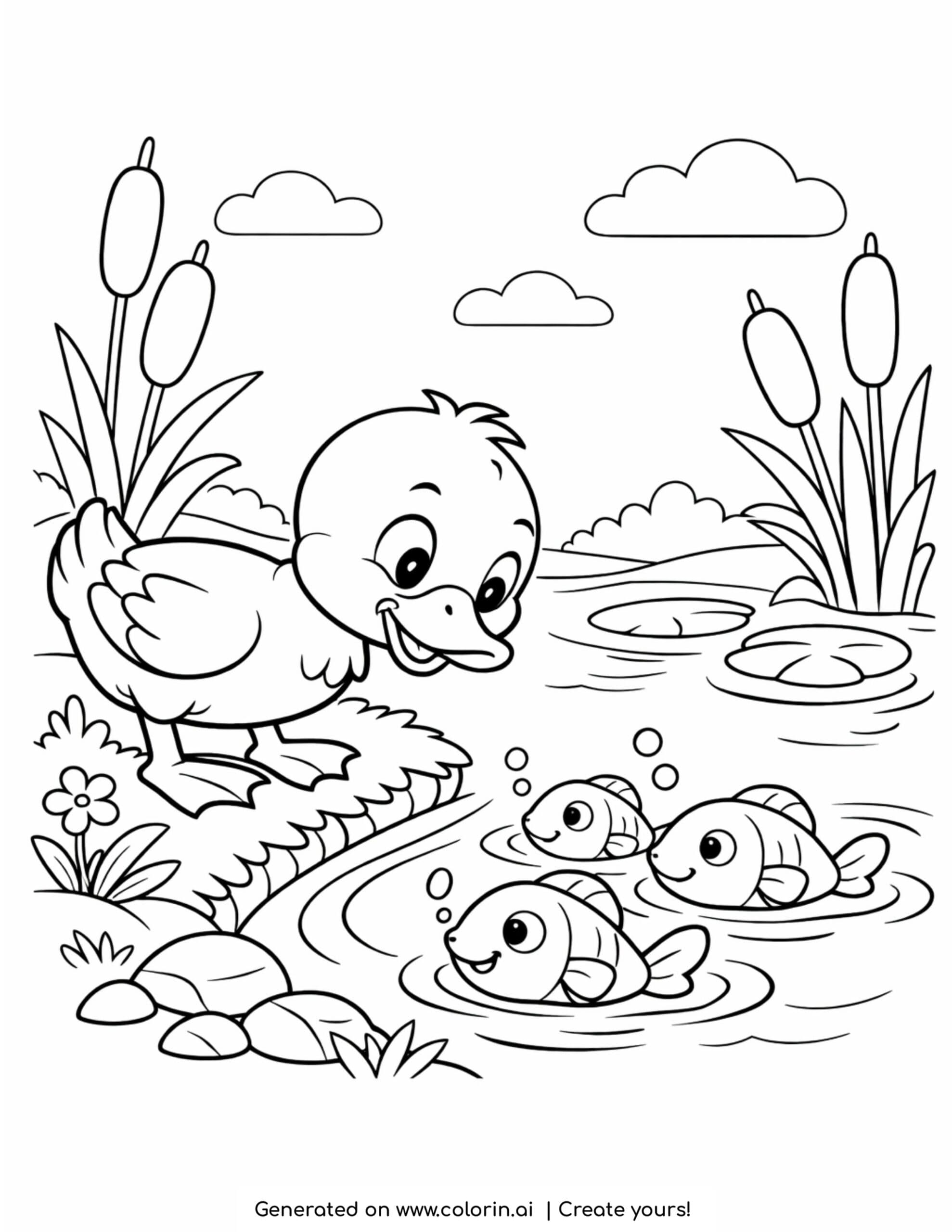 duck watching pond fish coloring page near peaceful water