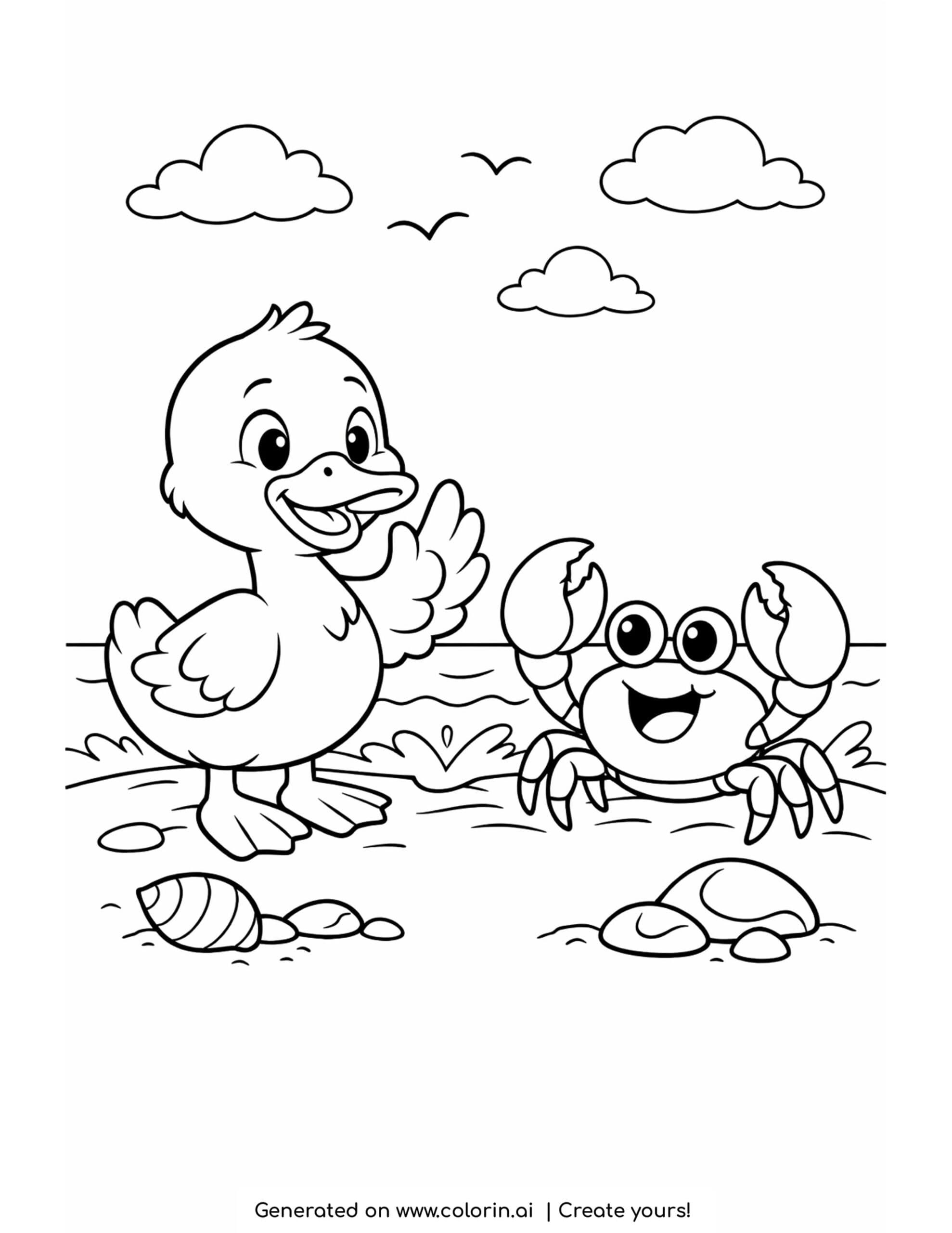 duck waving at a crab coloring page with seashells and small ocean waves