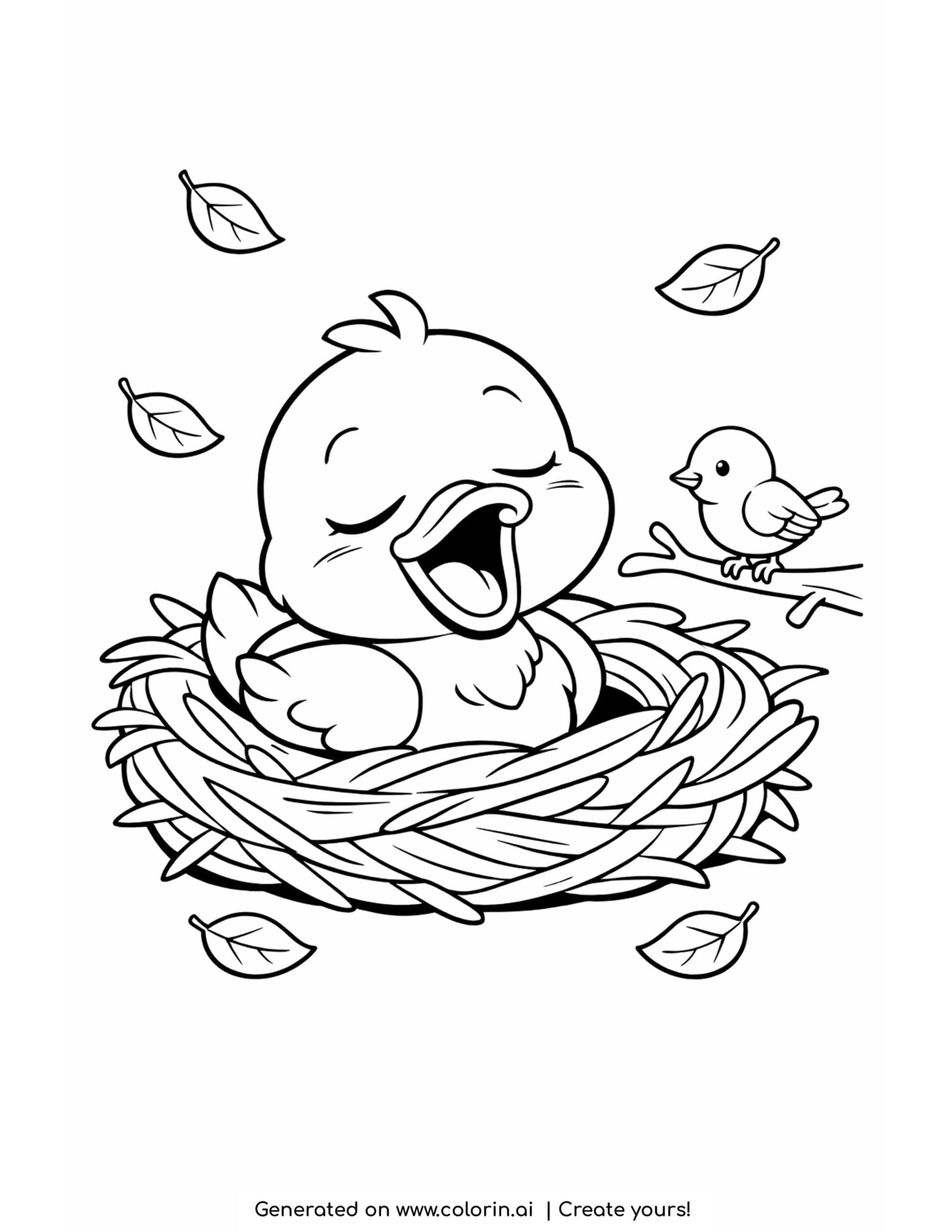 duck yawning in cozy nest with falling leaves and small bird coloring page