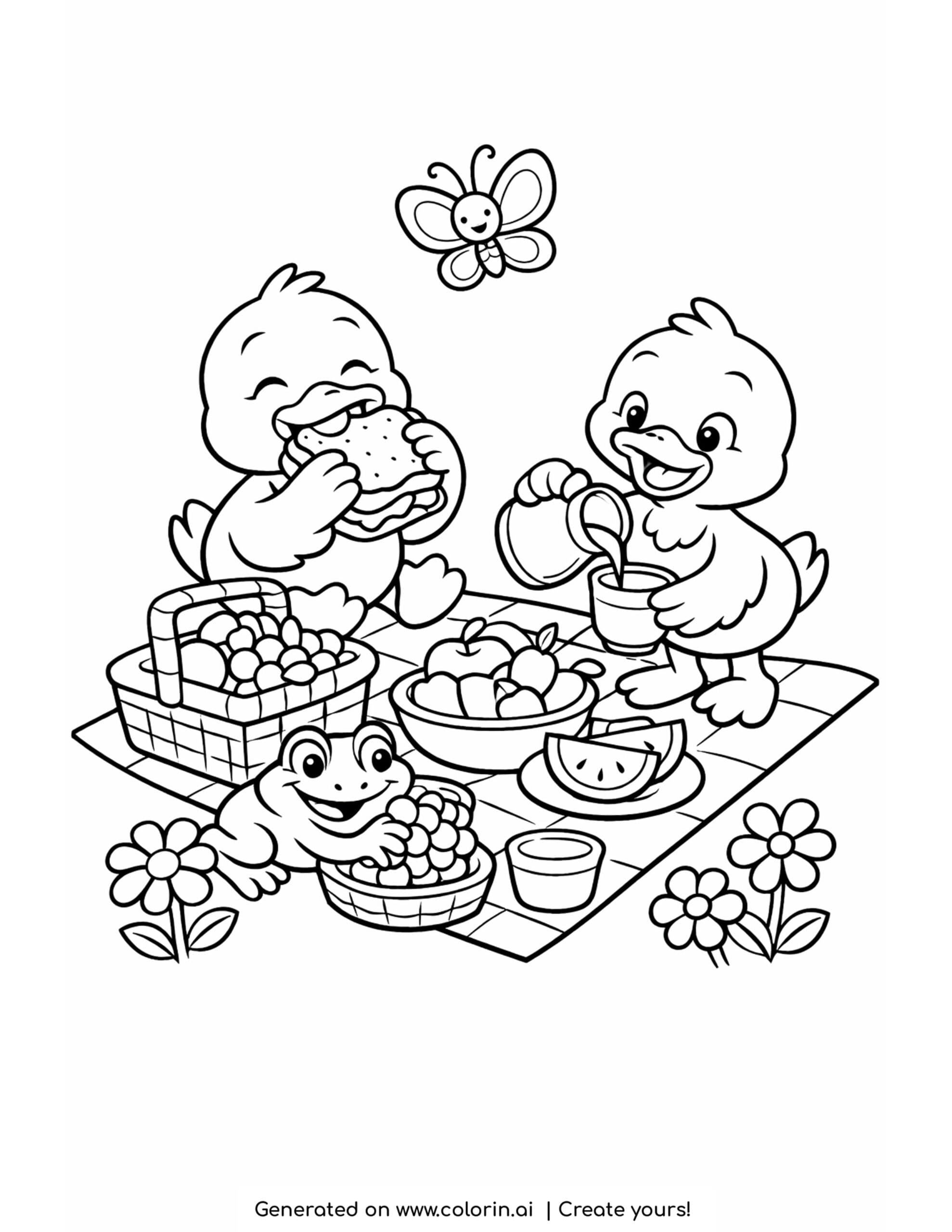 ducks having a picnic coloring page with fruit baskets flowers and butterfly