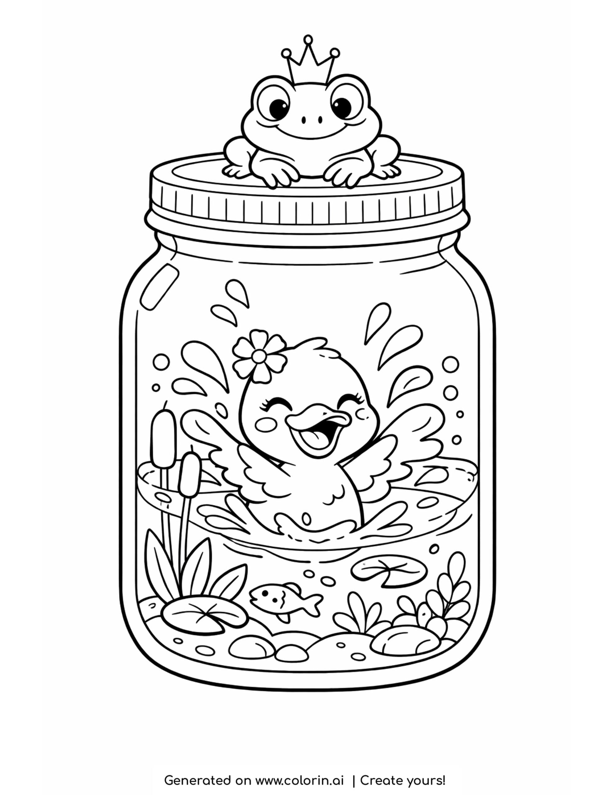 fairy duck in a mason jar coloring page with a crowned frog and pond splashes