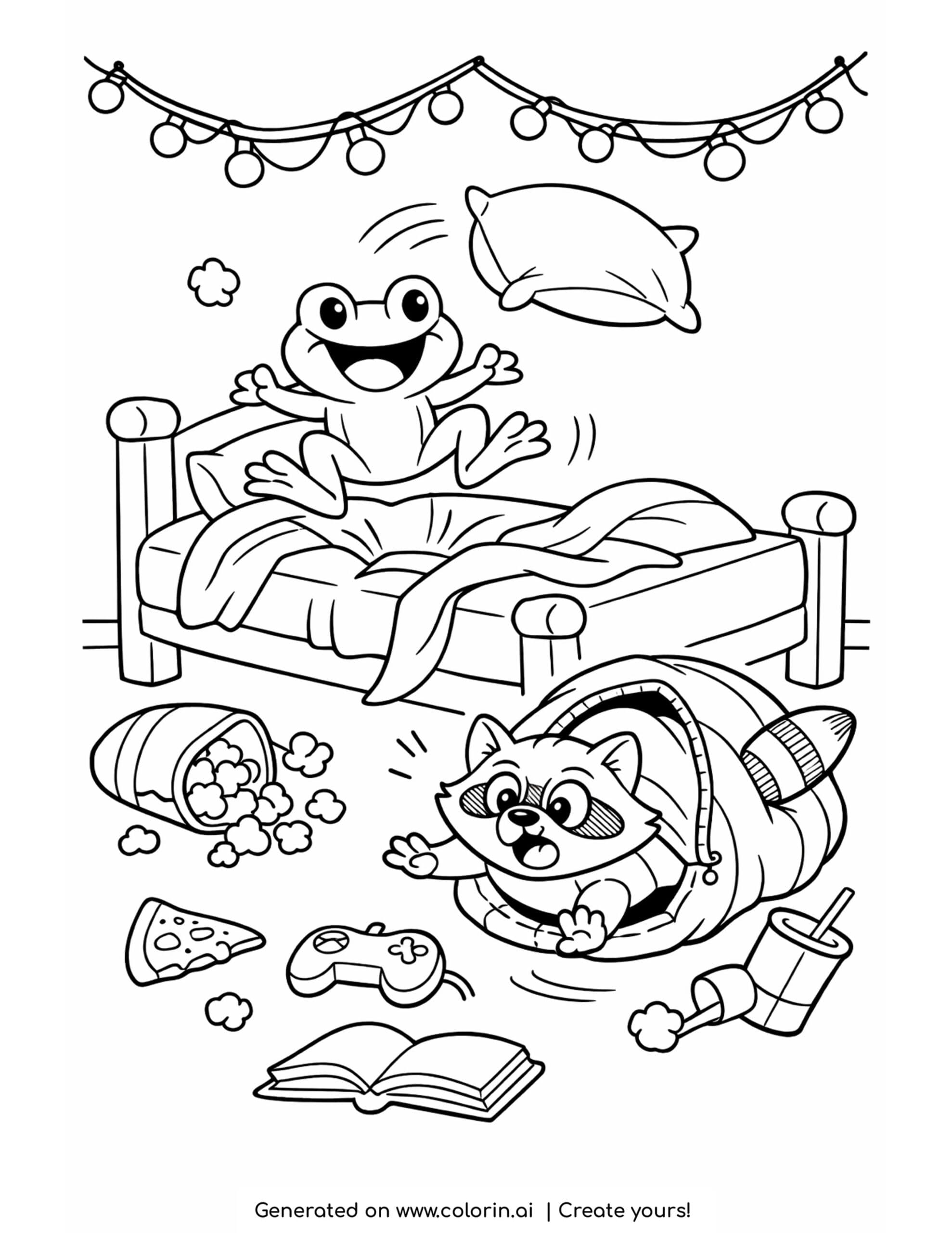 frog bouncing on bed coloring page with messy bedroom and flying pillow