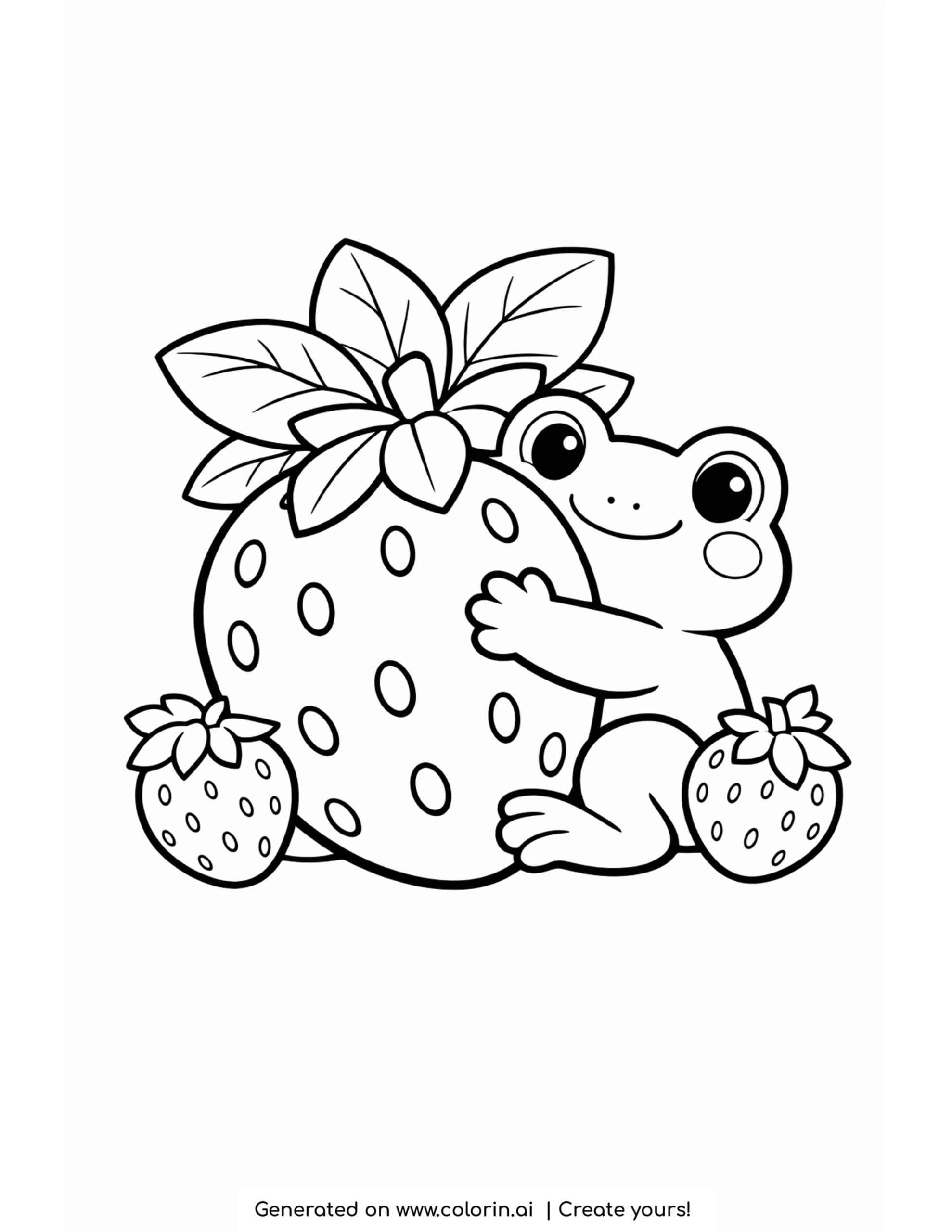 frog hugging a strawberry coloring page with big fruit and small berries illustration coloring page