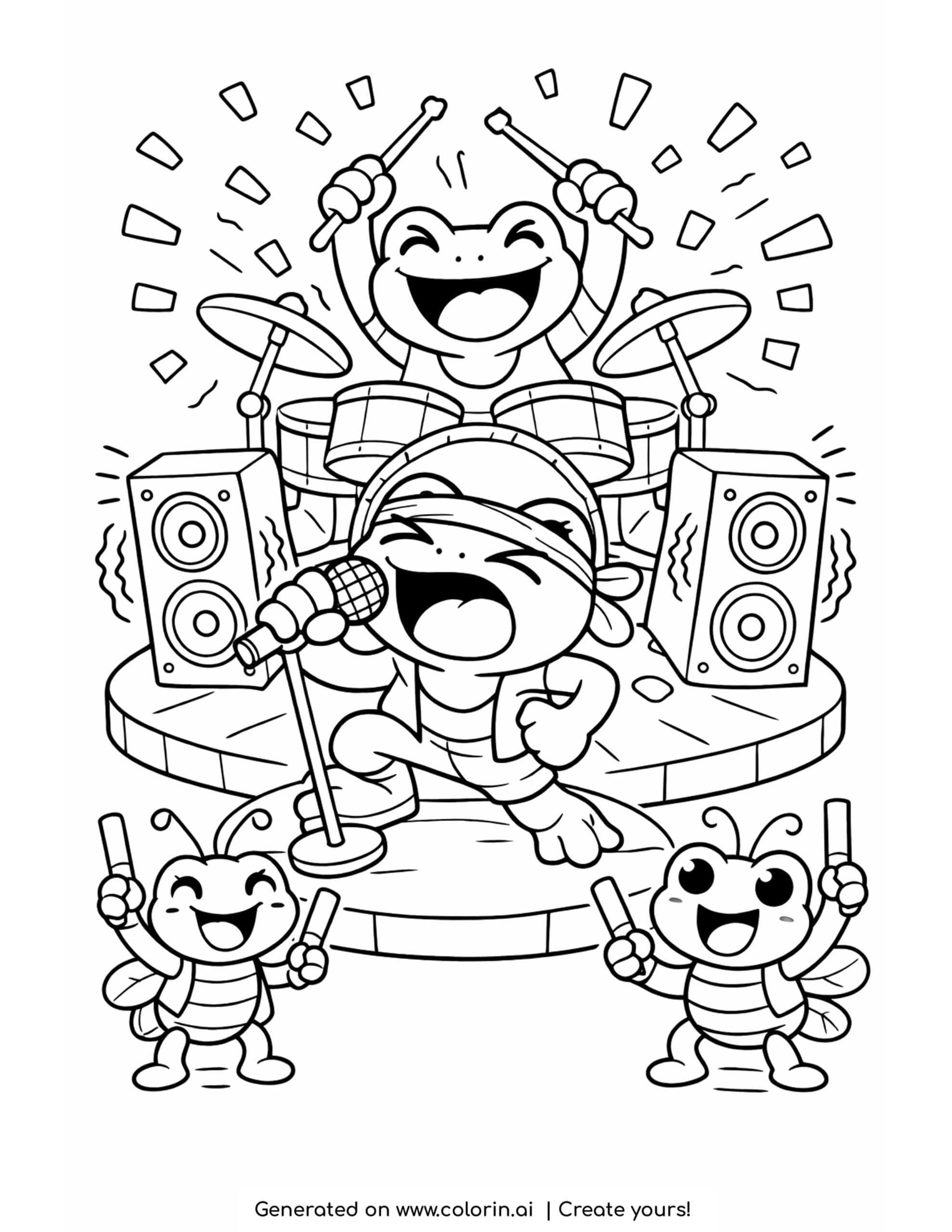 frog rock band concert coloring page with drums microphone and cheering bugs