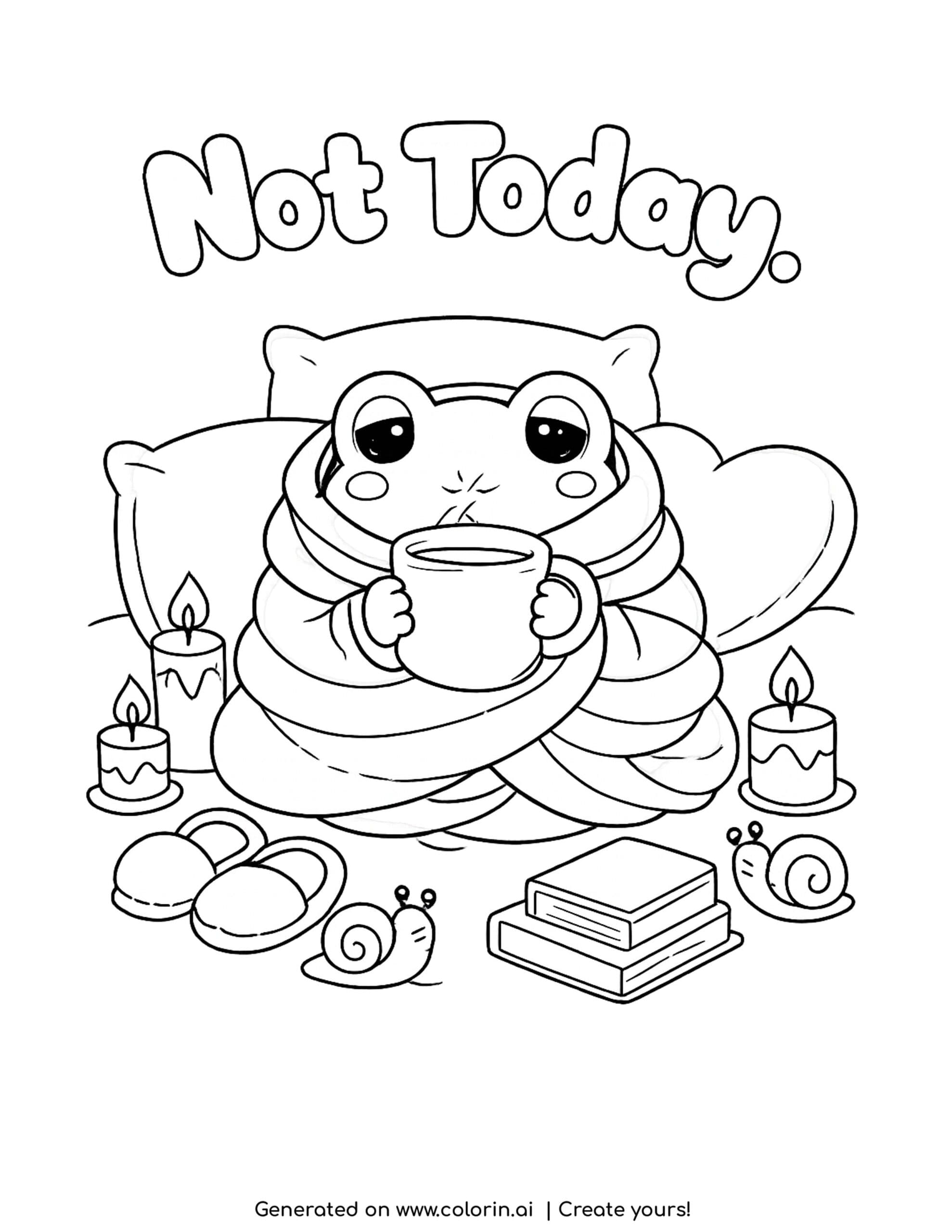 frog wrapped in blankets coloring page with candles pillows books and giant mug