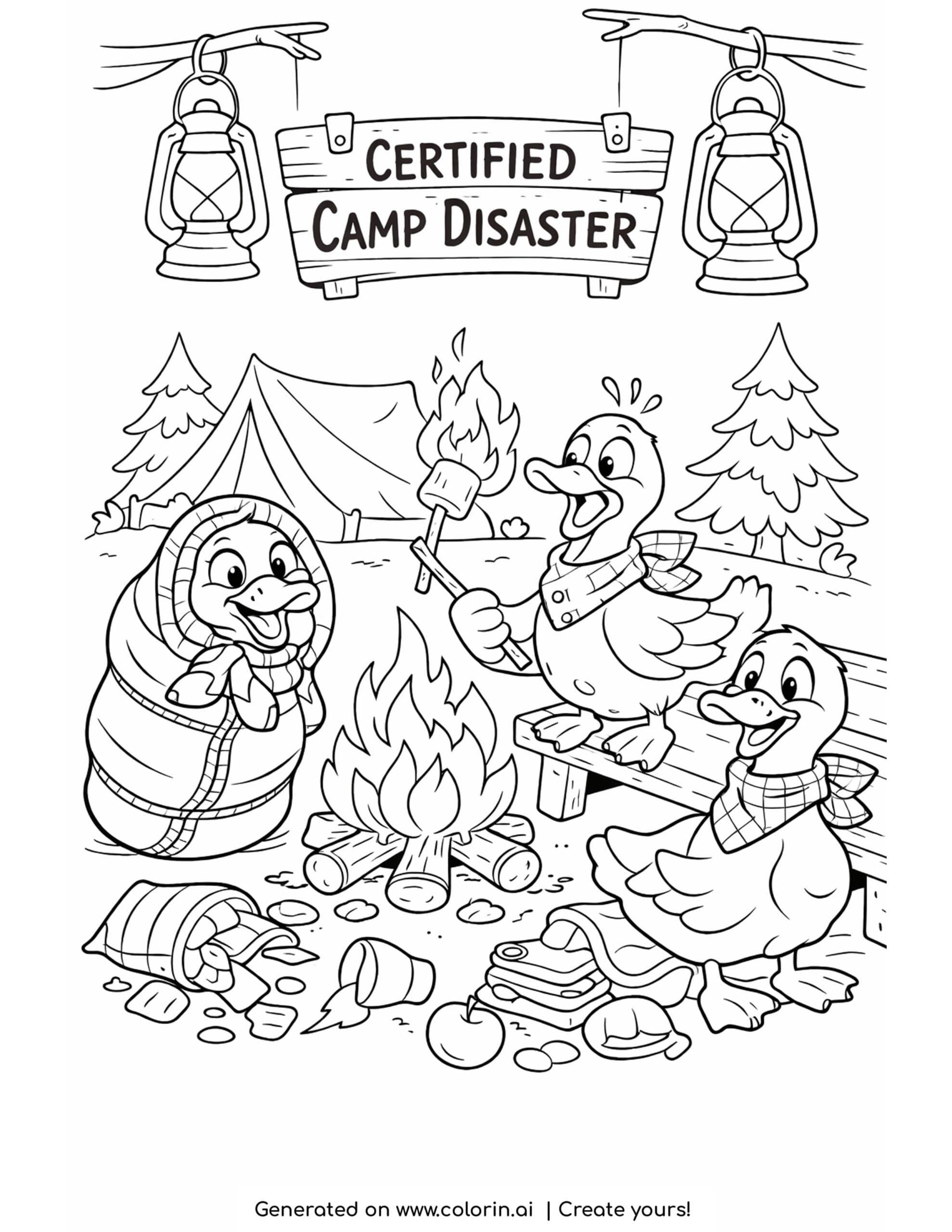 geese camping disaster coloring page with campfire and messy campsite