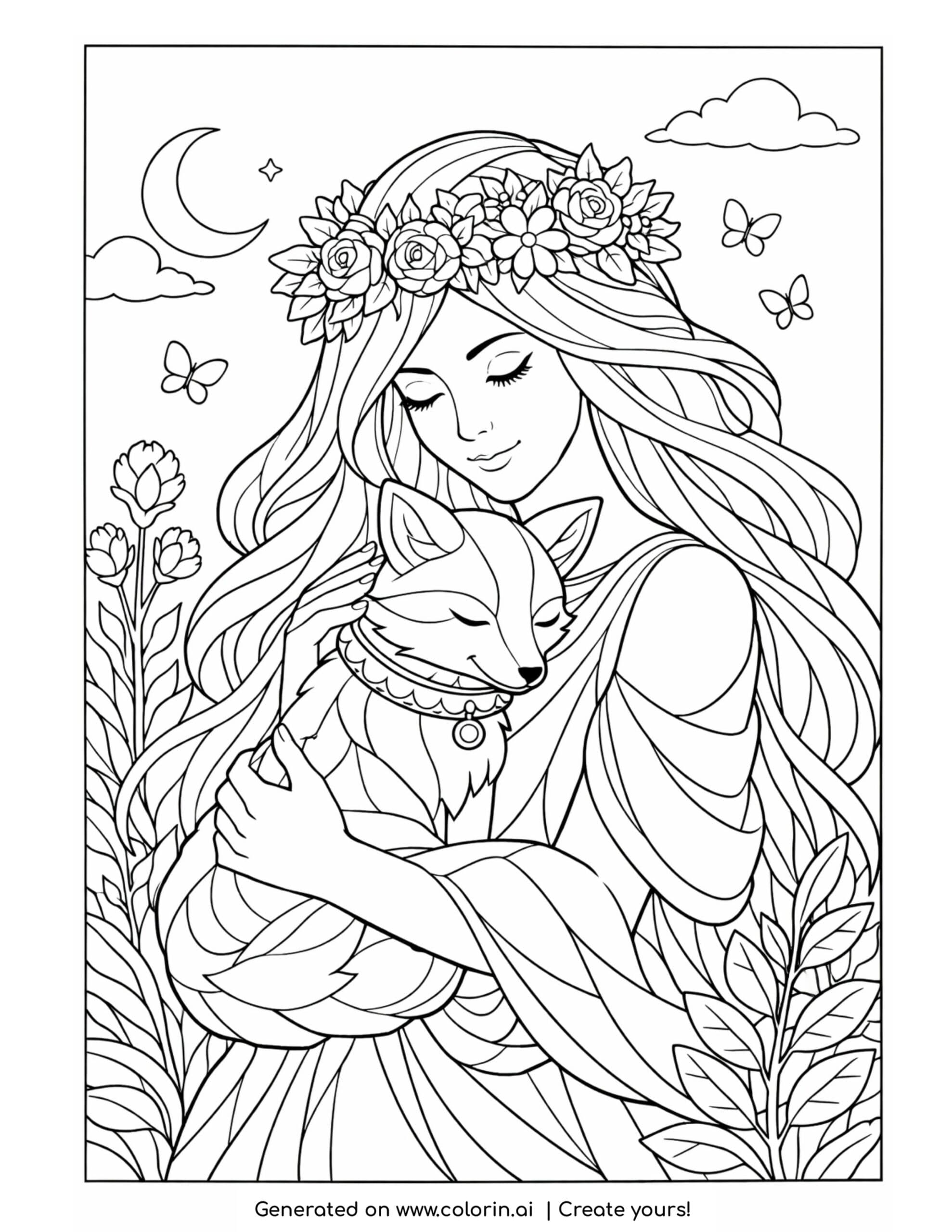 goddess holding a fox coloring page with flowers and flowing hair