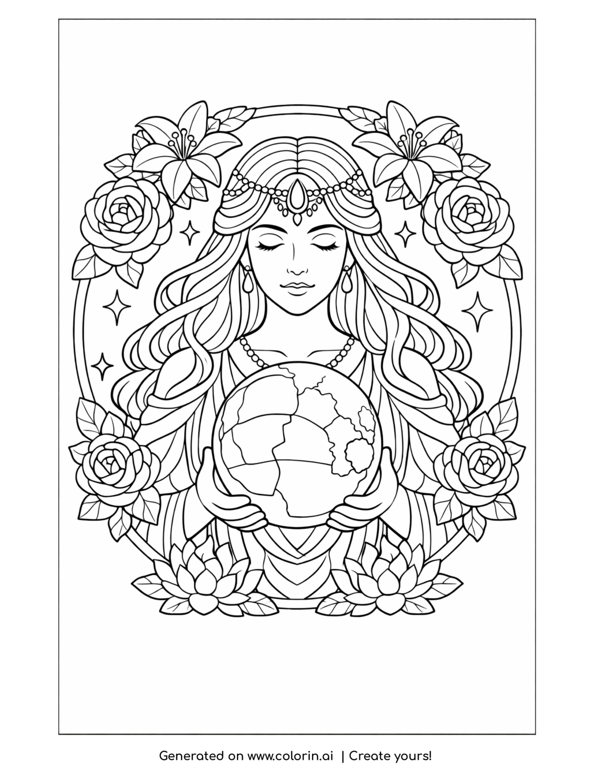 goddess holding full moon coloring page with roses and flowing hair