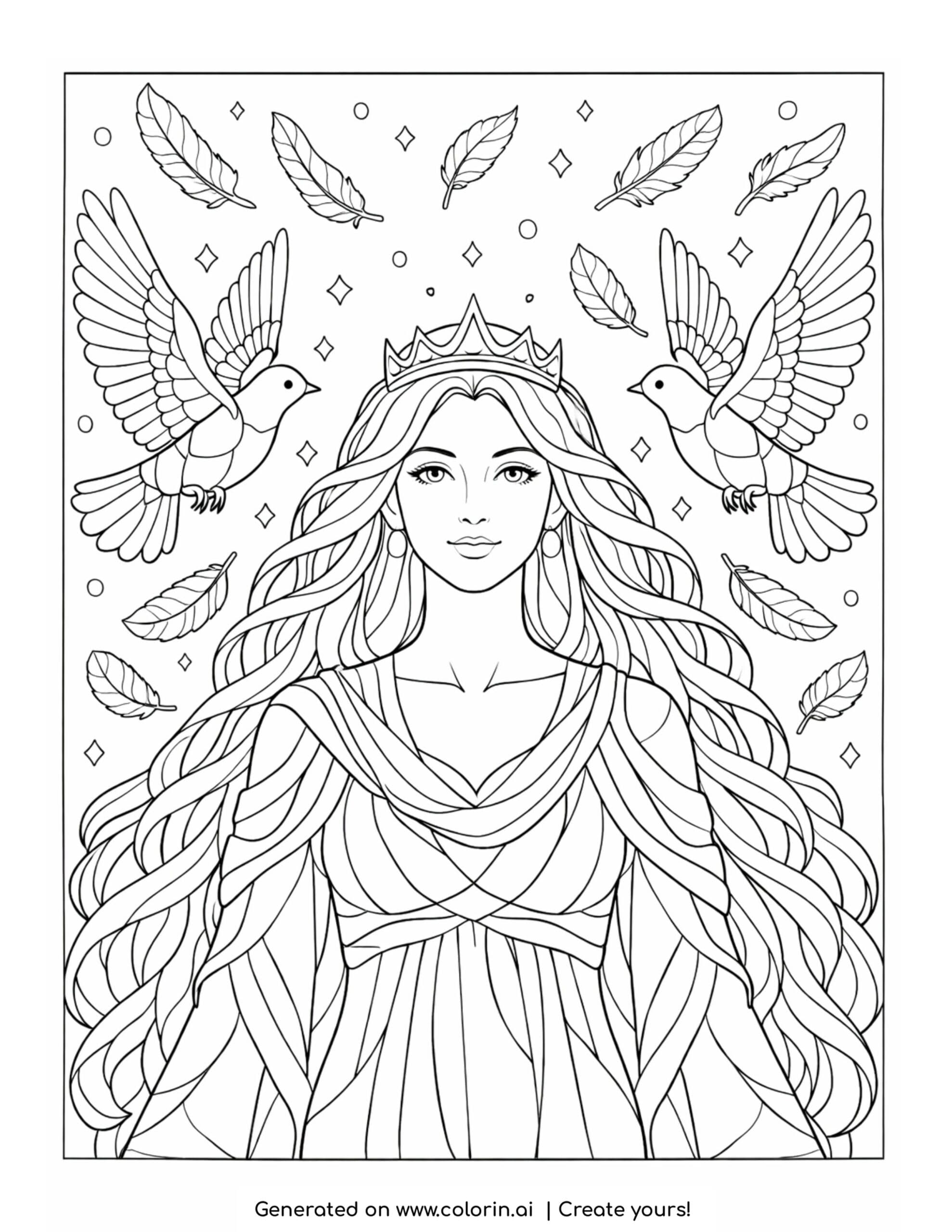goddess with birds coloring page with flowing hair and floating feathers