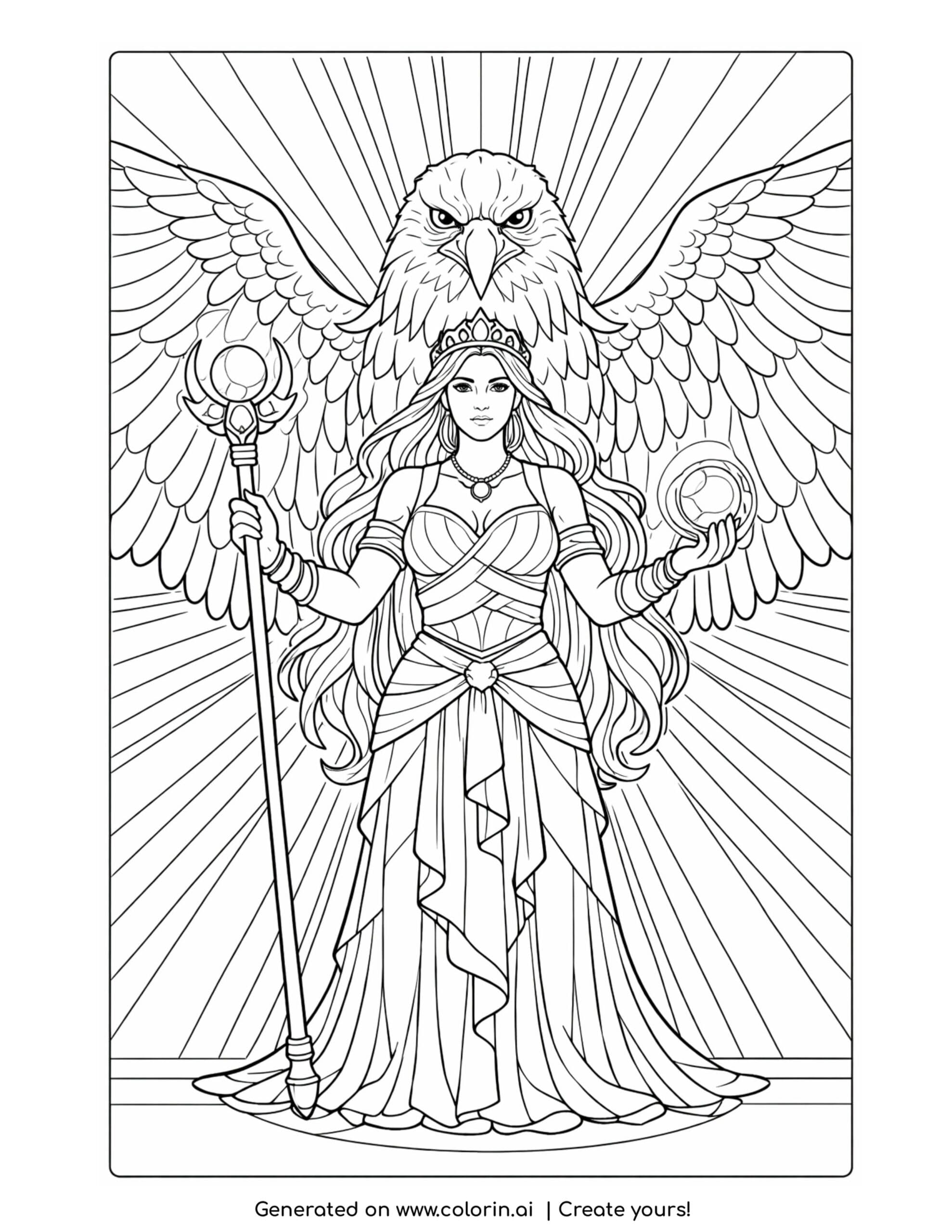 goddess with eagle wings coloring page with radiant background and staff