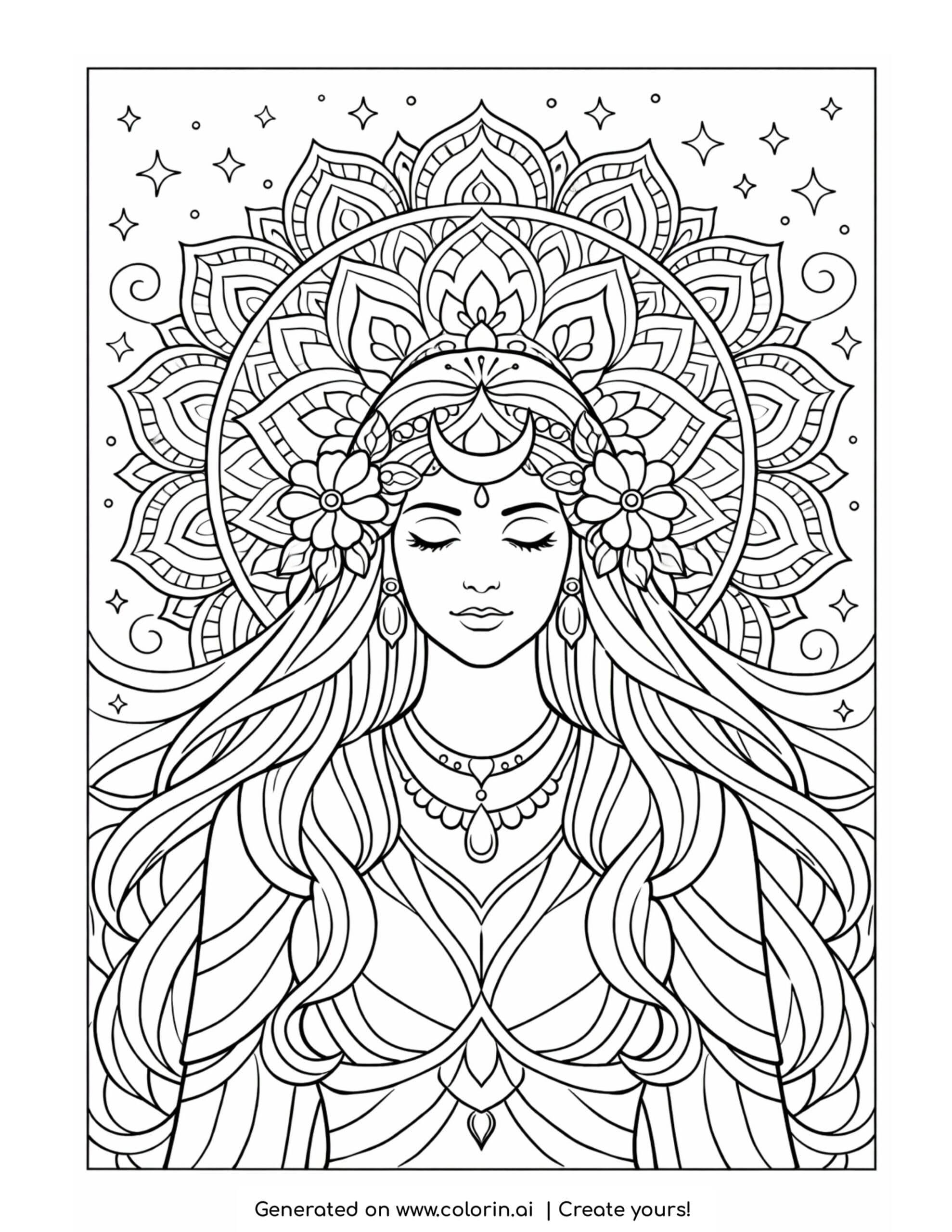 goddess with mandala halo coloring page with floral accents and stars