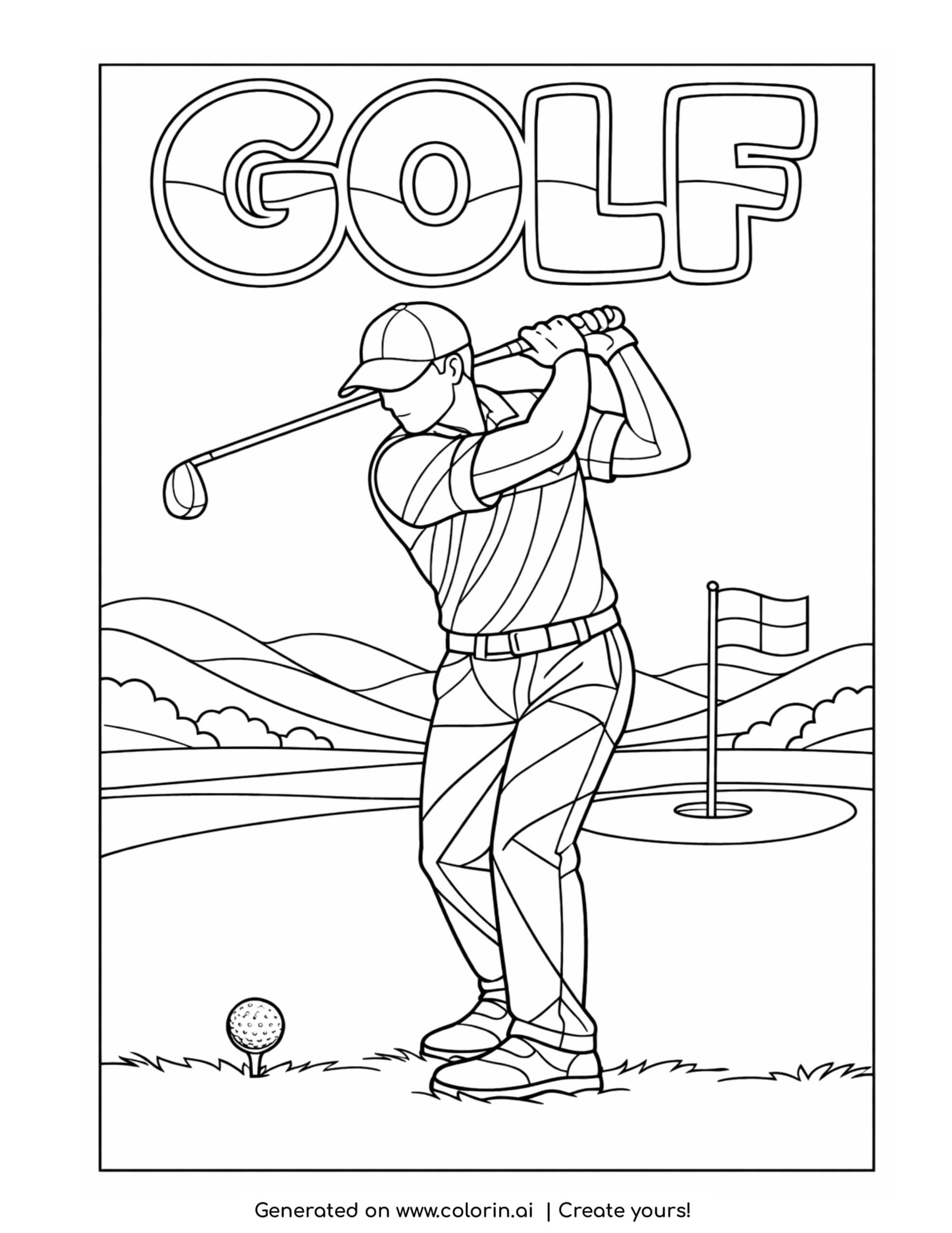golfer swinging near hole coloring page with flag and rolling hills background