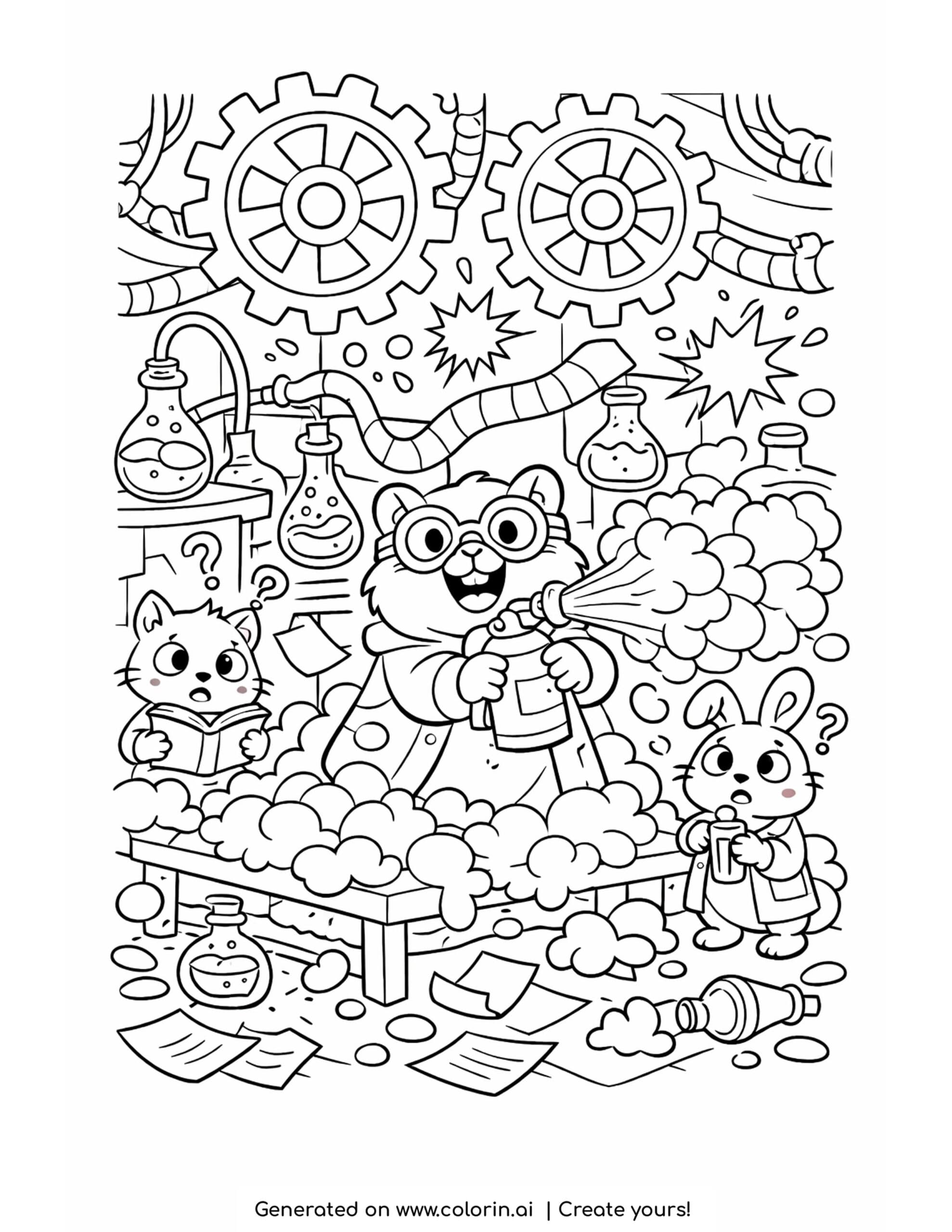 hamster foam experiment coloring page with bubbling potions gears and tiny lab assistants