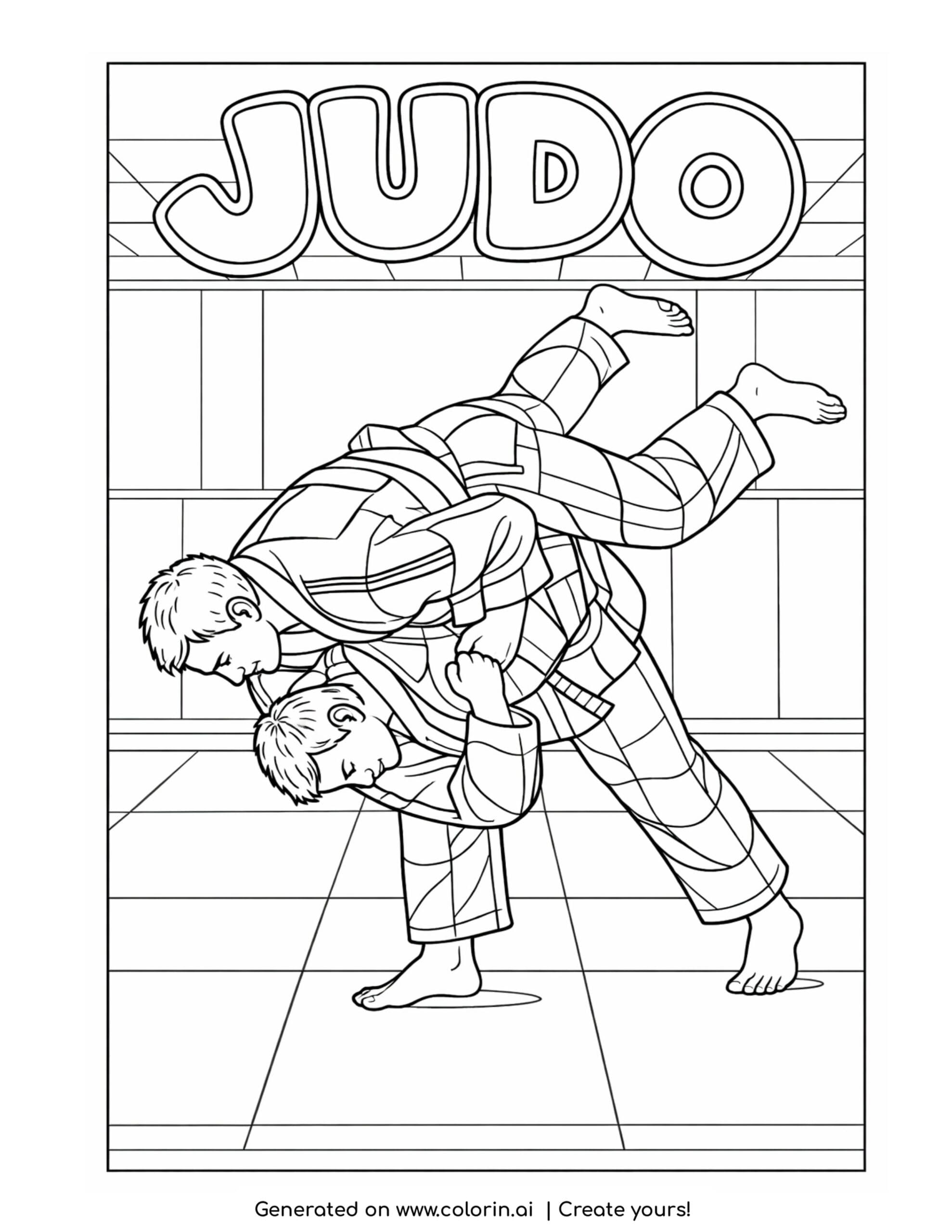 judo throw grappling coloring page with two athletes practicing a dynamic move indoors coloring page