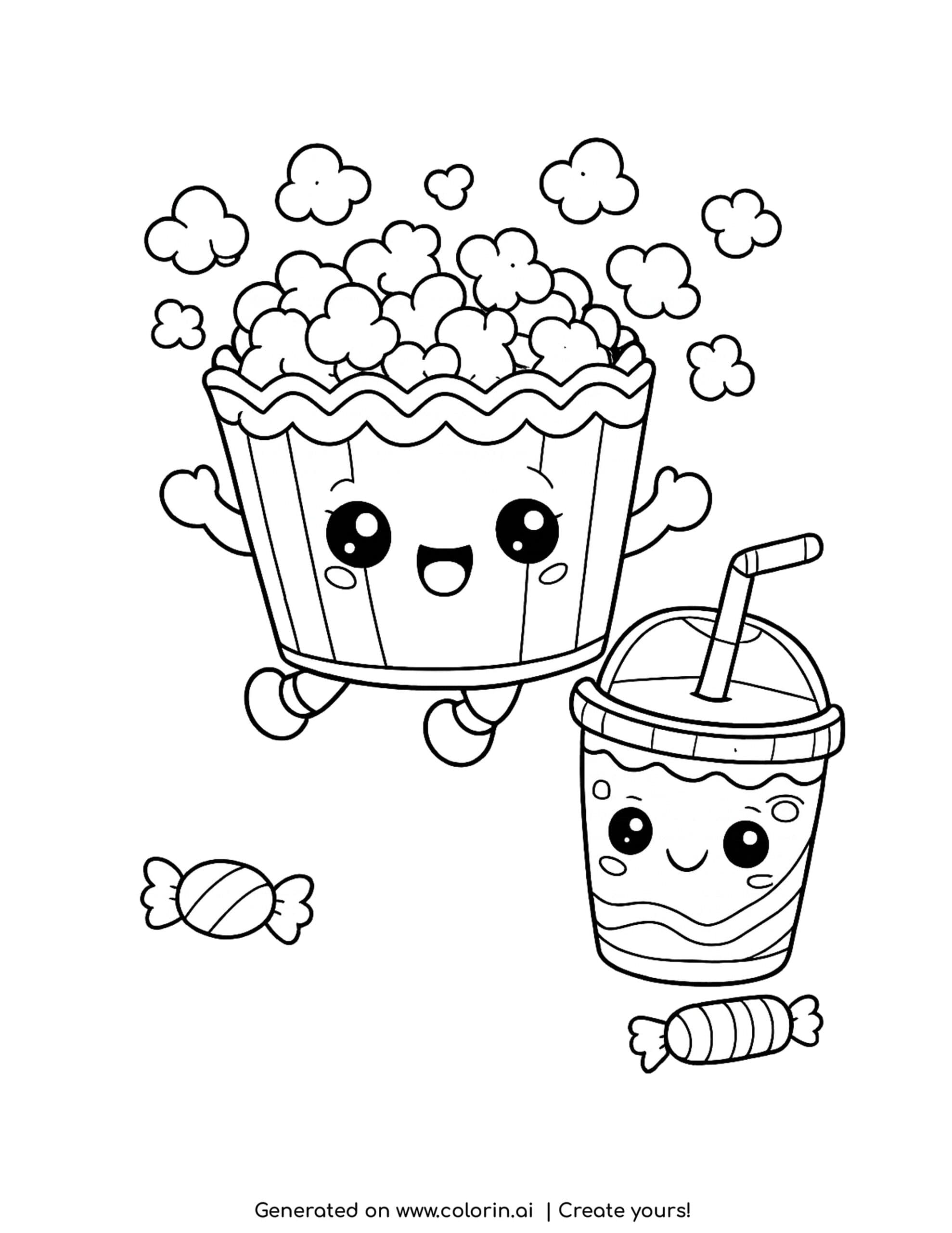 jumping popcorn bucket coloring page with smiling soda cup and candy