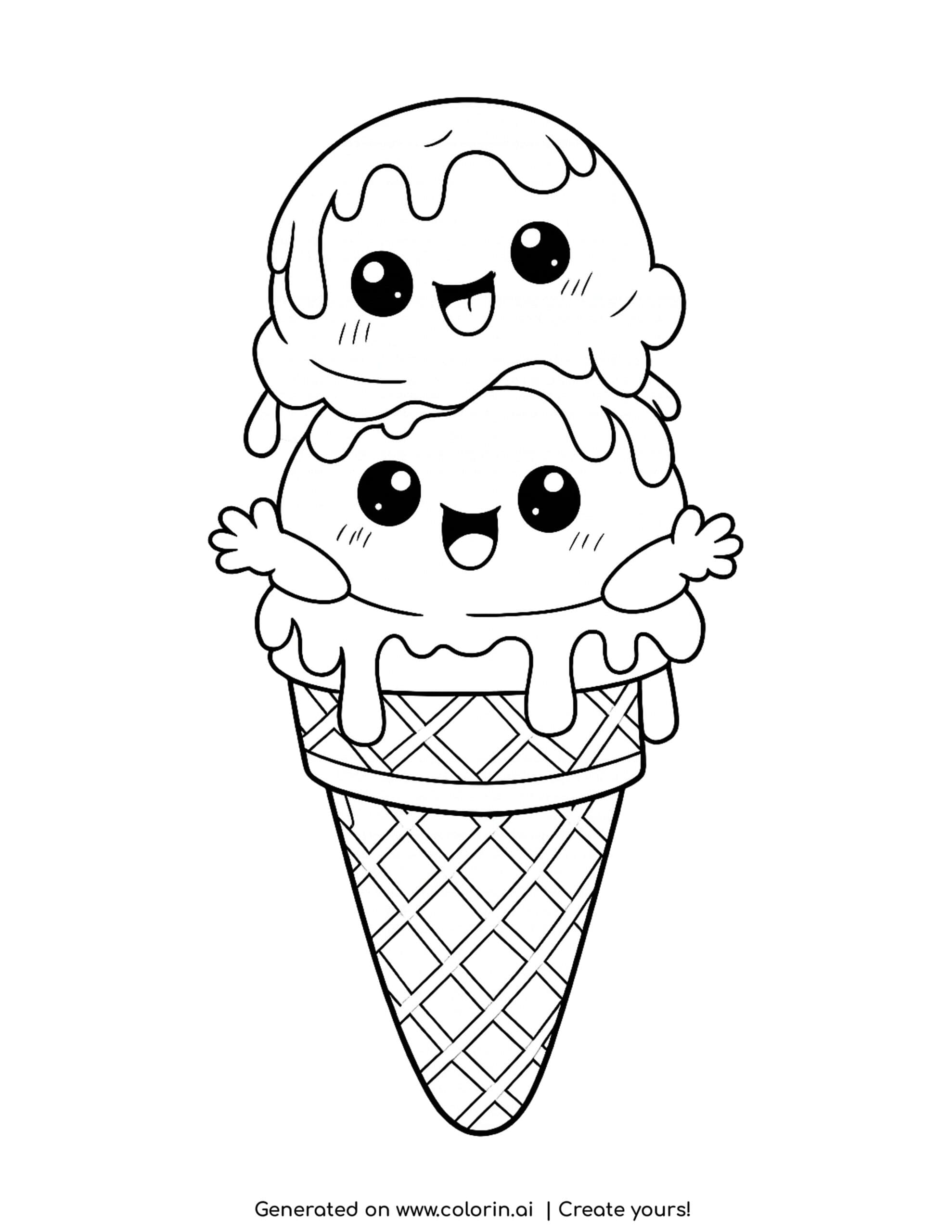 melting ice cream cone coloring page with smiling scoops and waffle cone