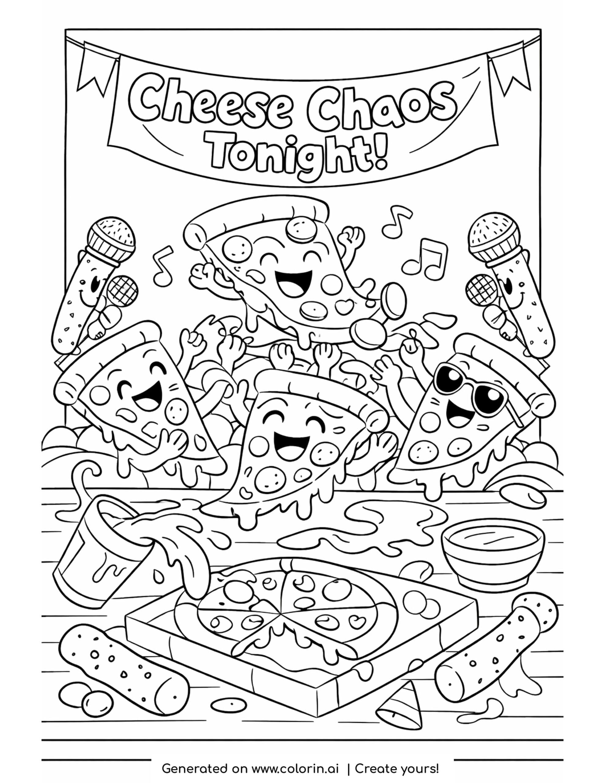 pizza crowd surfing coloring page with breadstick microphones melted cheese and cheering pizza slices