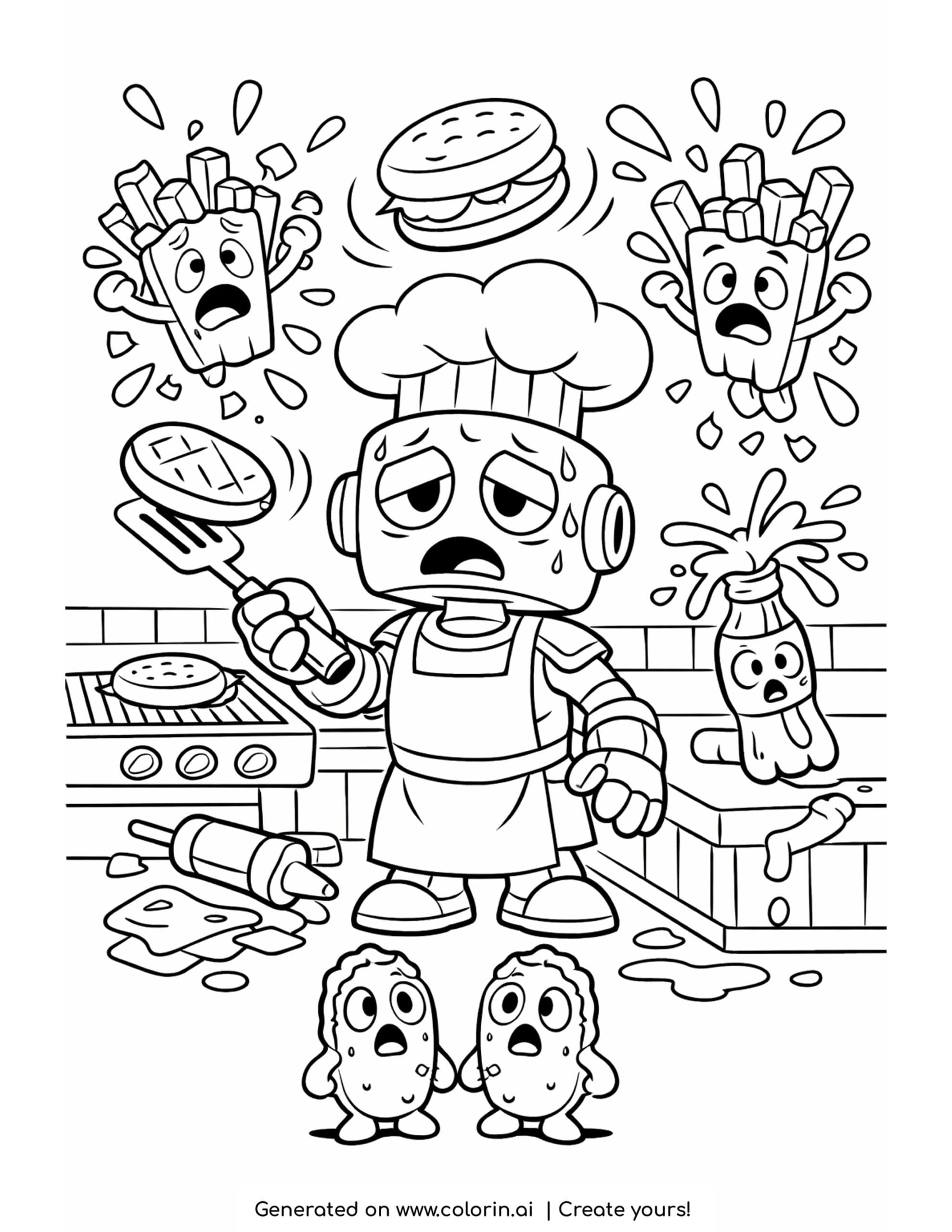 robot chef burger grill coloring page with flying fries and messy kitchen scene