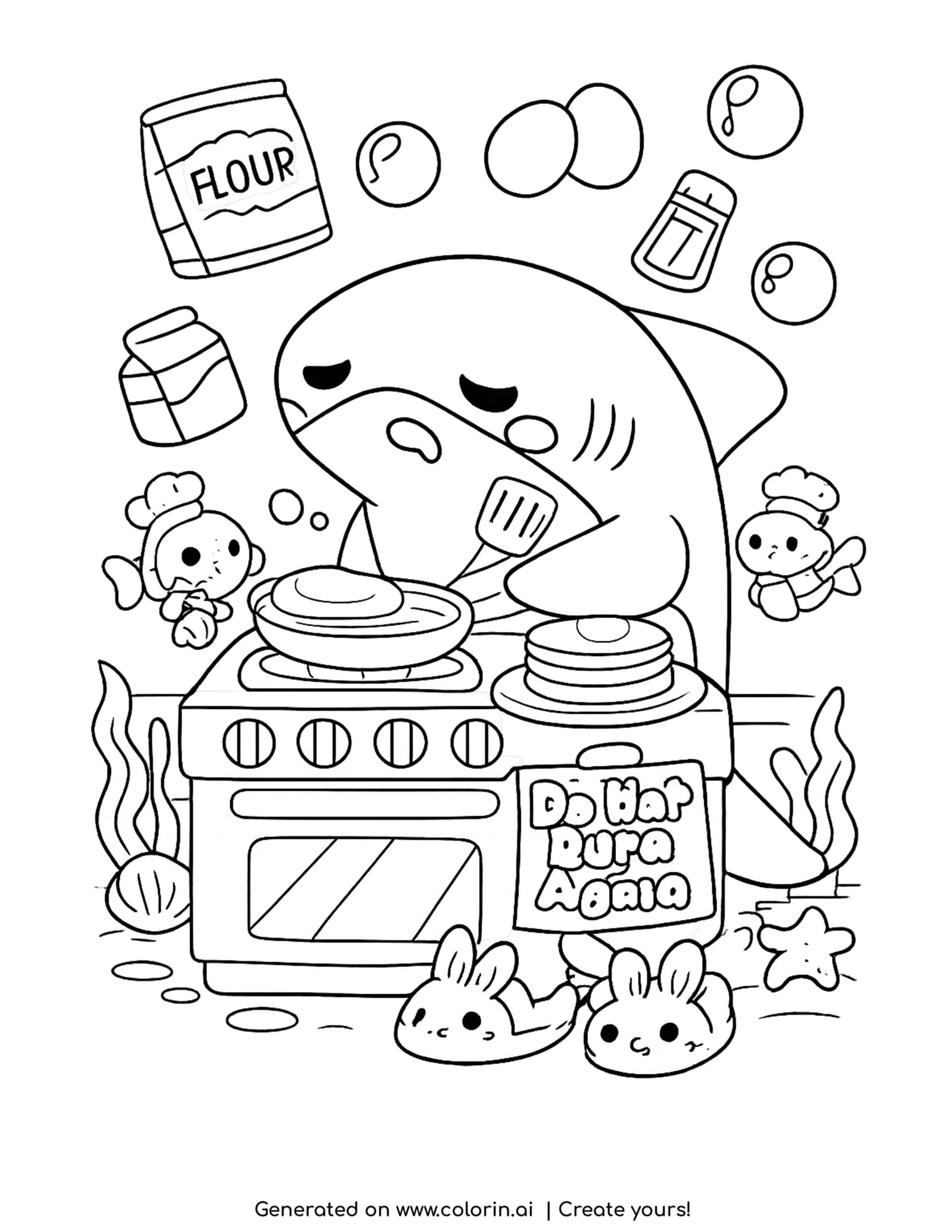 shark making pancakes coloring page with underwater kitchen and fish helpers