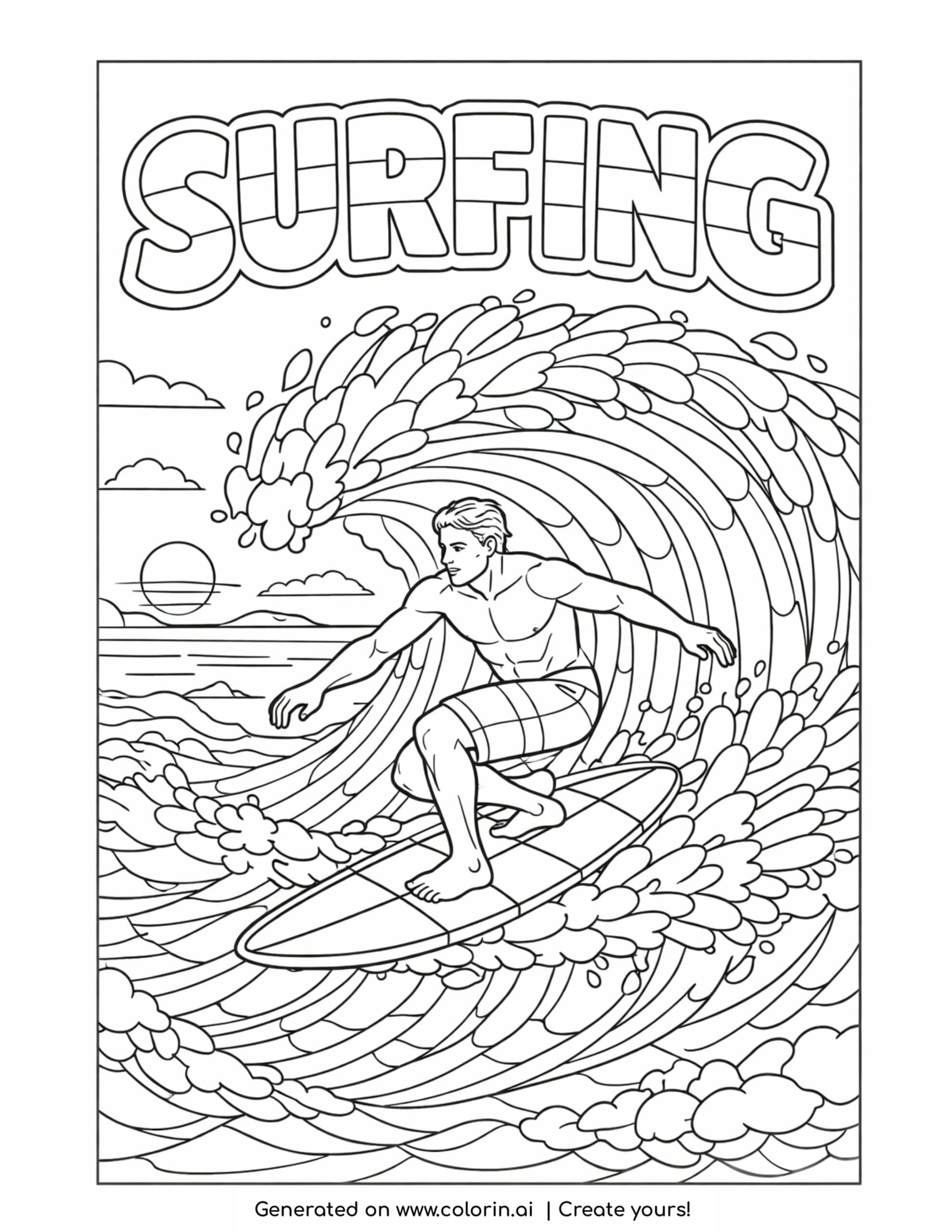surfer riding big wave coloring page with ocean splash and curling wave