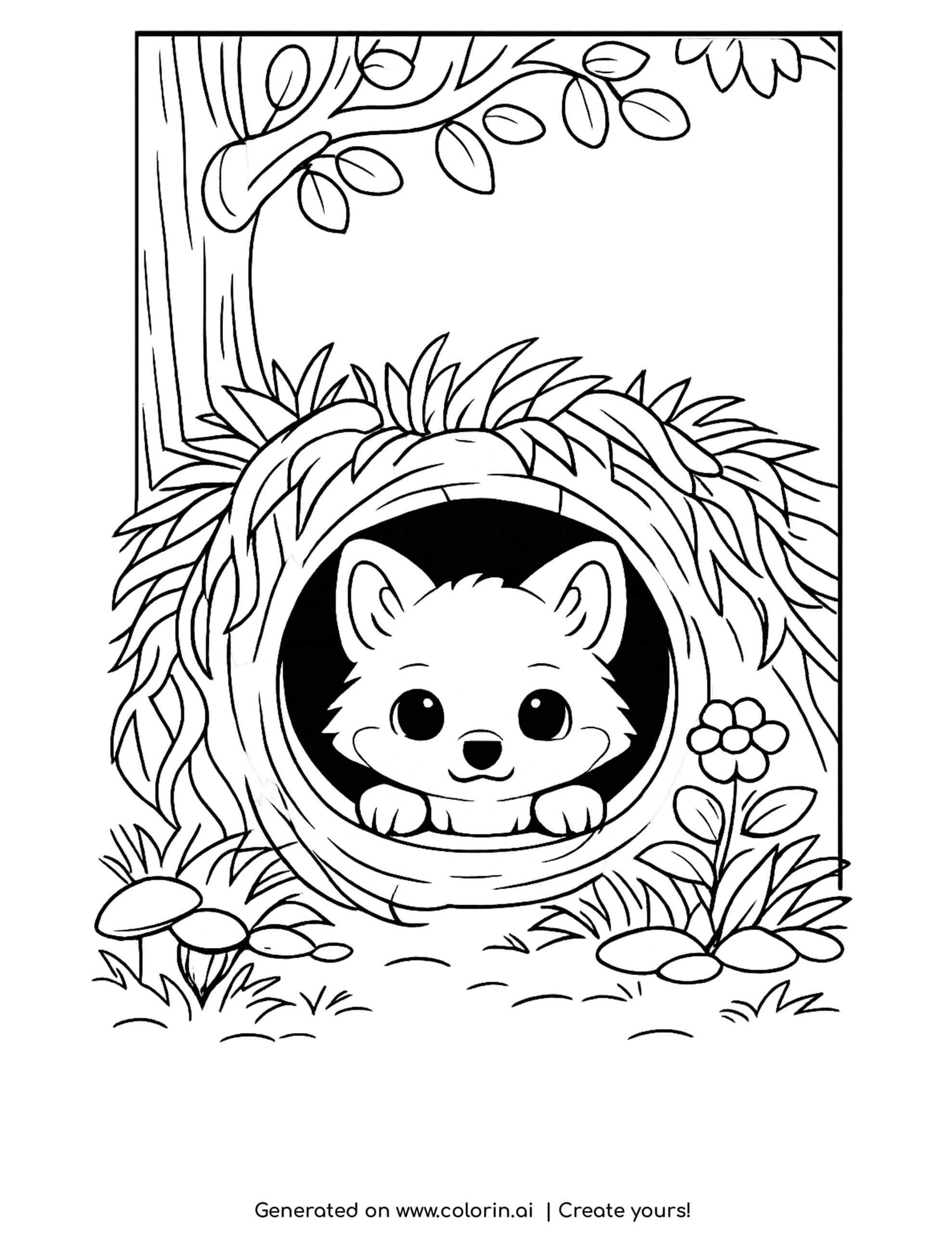 baby fox coloring pages, a baby fox peeking from a cozy den at the base of a tree with mushrooms and flowers
