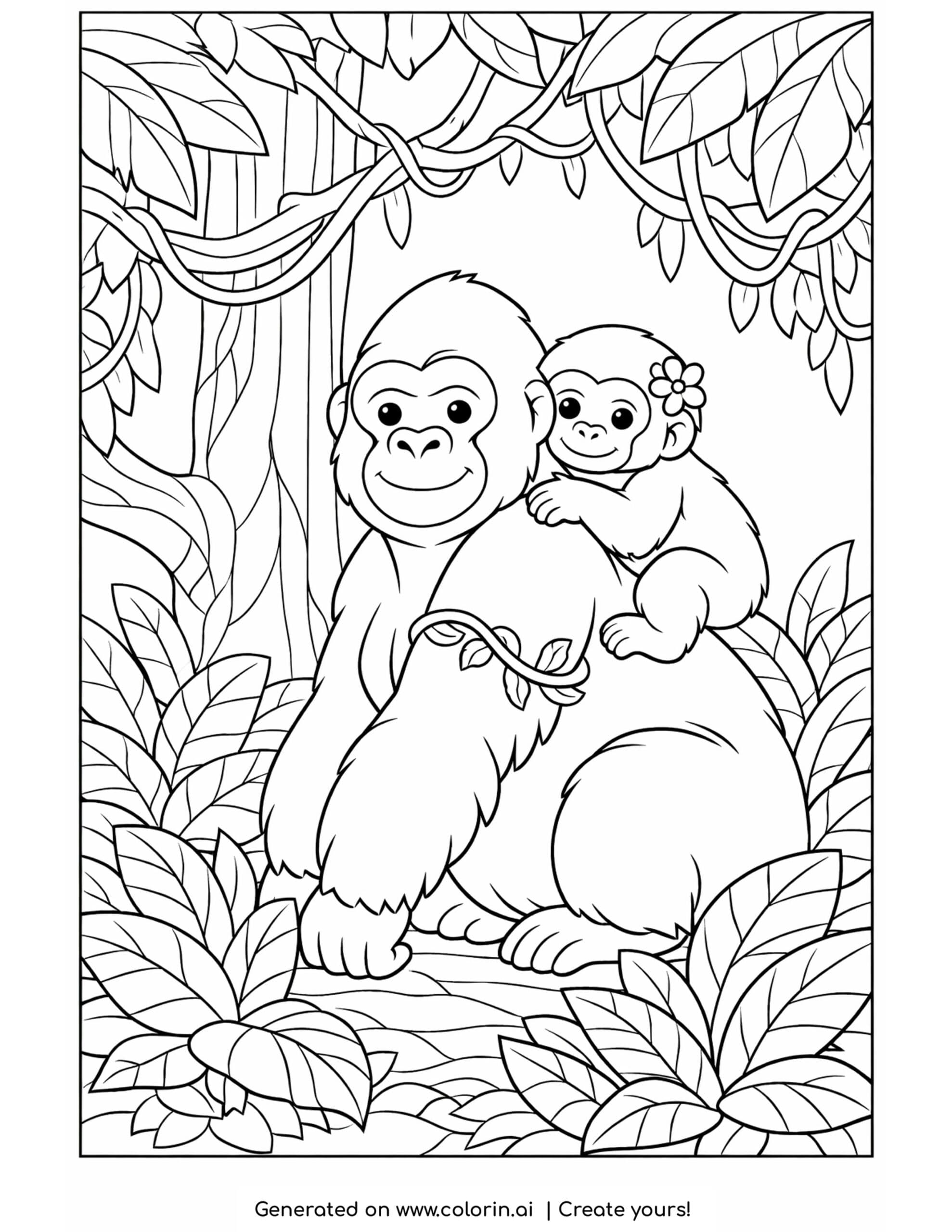 gorilla coloring pages, a baby gorilla clinging to its mother in the jungle surrounded by leaves