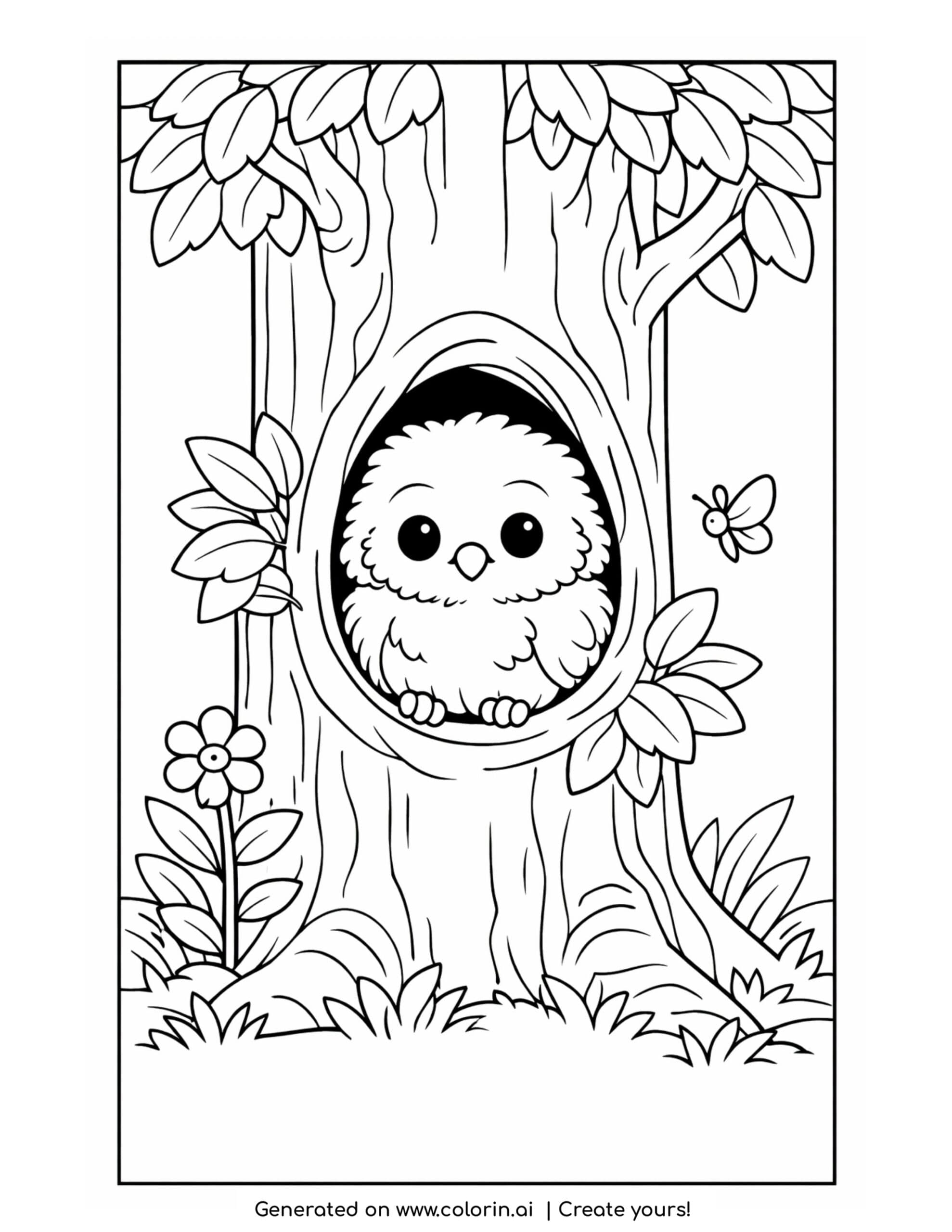 baby owl coloring pages, a fluffy baby owl snuggled in a round tree hollow with leaves, a flower and a butterfly