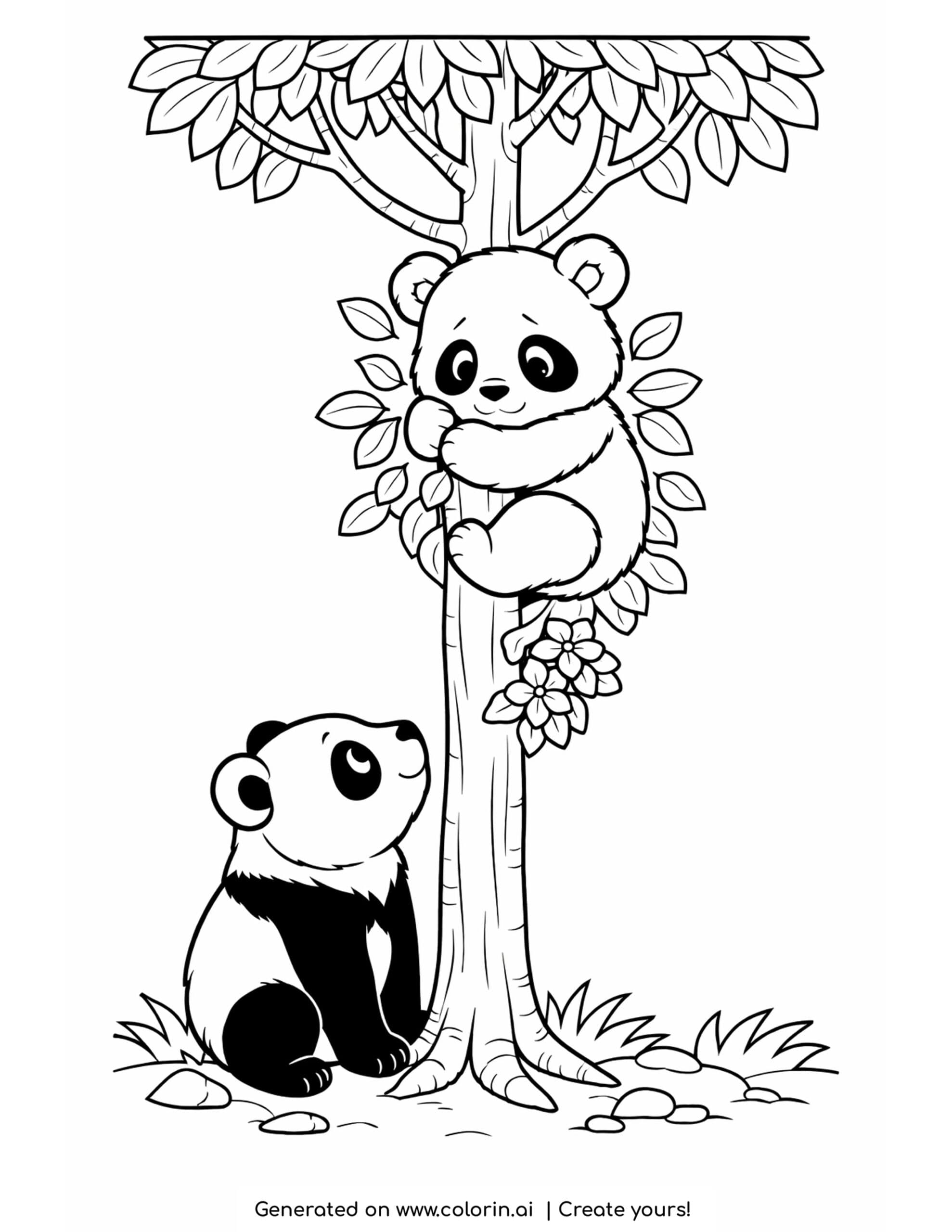 baby panda coloring pages, a baby panda climbing a little tree while another panda watches from below