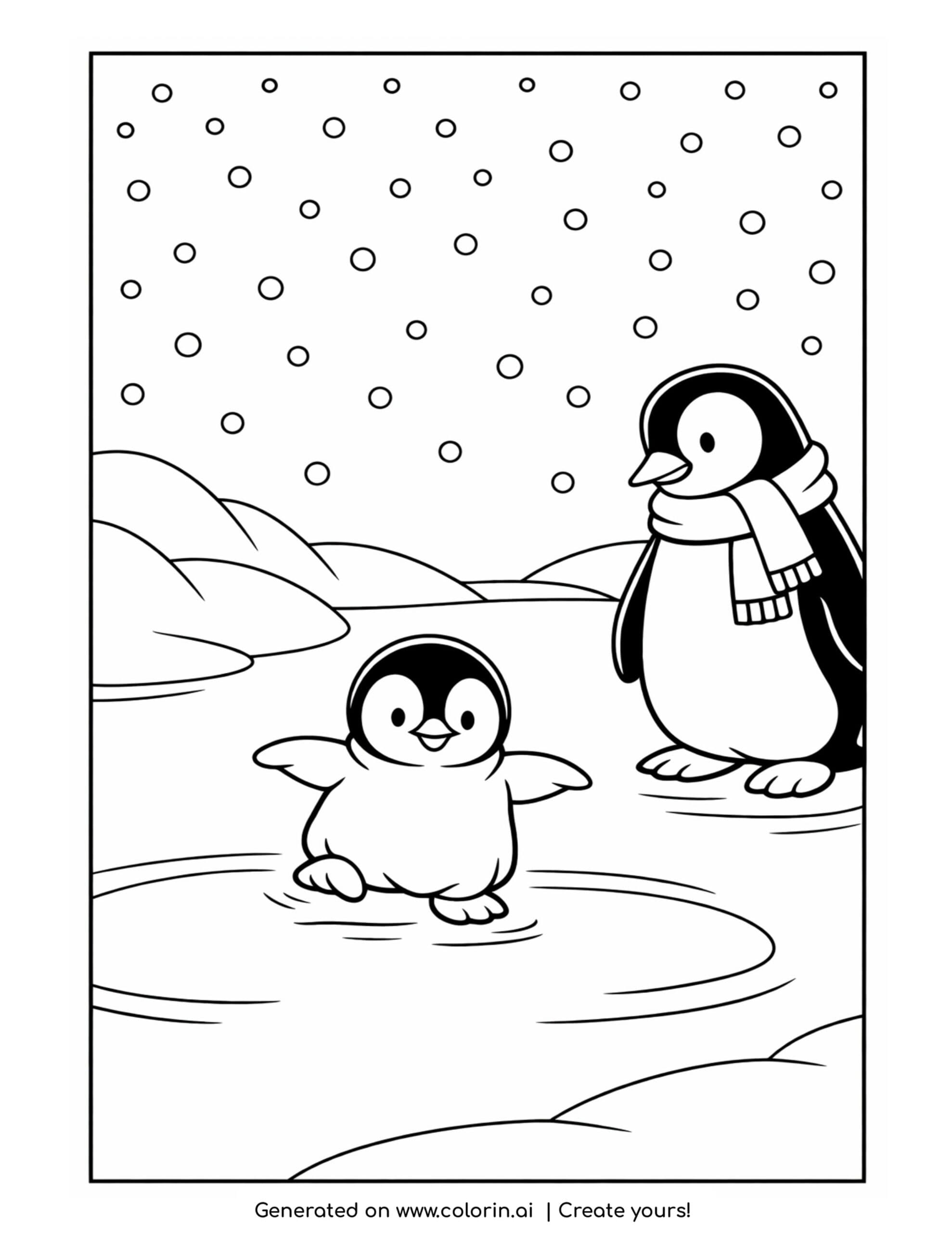 baby penguin coloring pages, a fluffy baby penguin taking wobbly first steps while a parent penguin watches