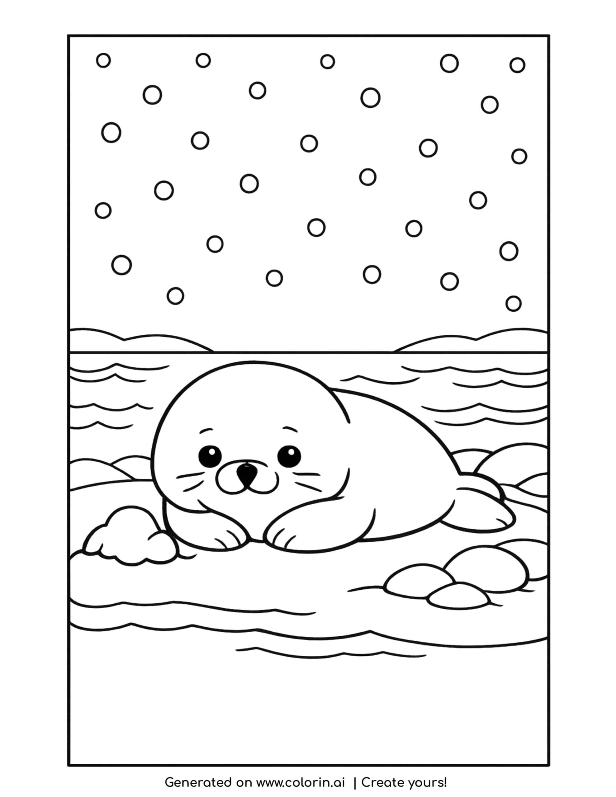 baby seal coloring pages, a round baby seal resting on a snowy shore by calm water with falling snow