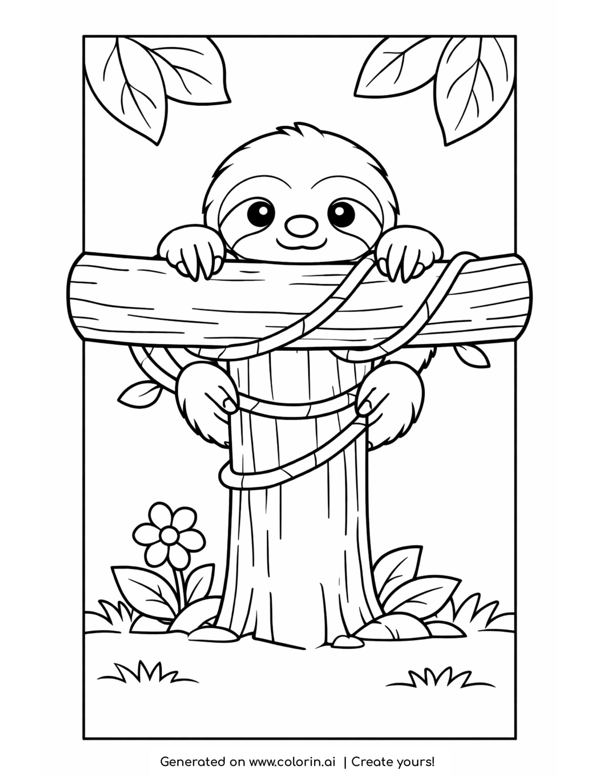 baby sloth coloring pages, a baby sloth clinging to a tree branch with a flower below