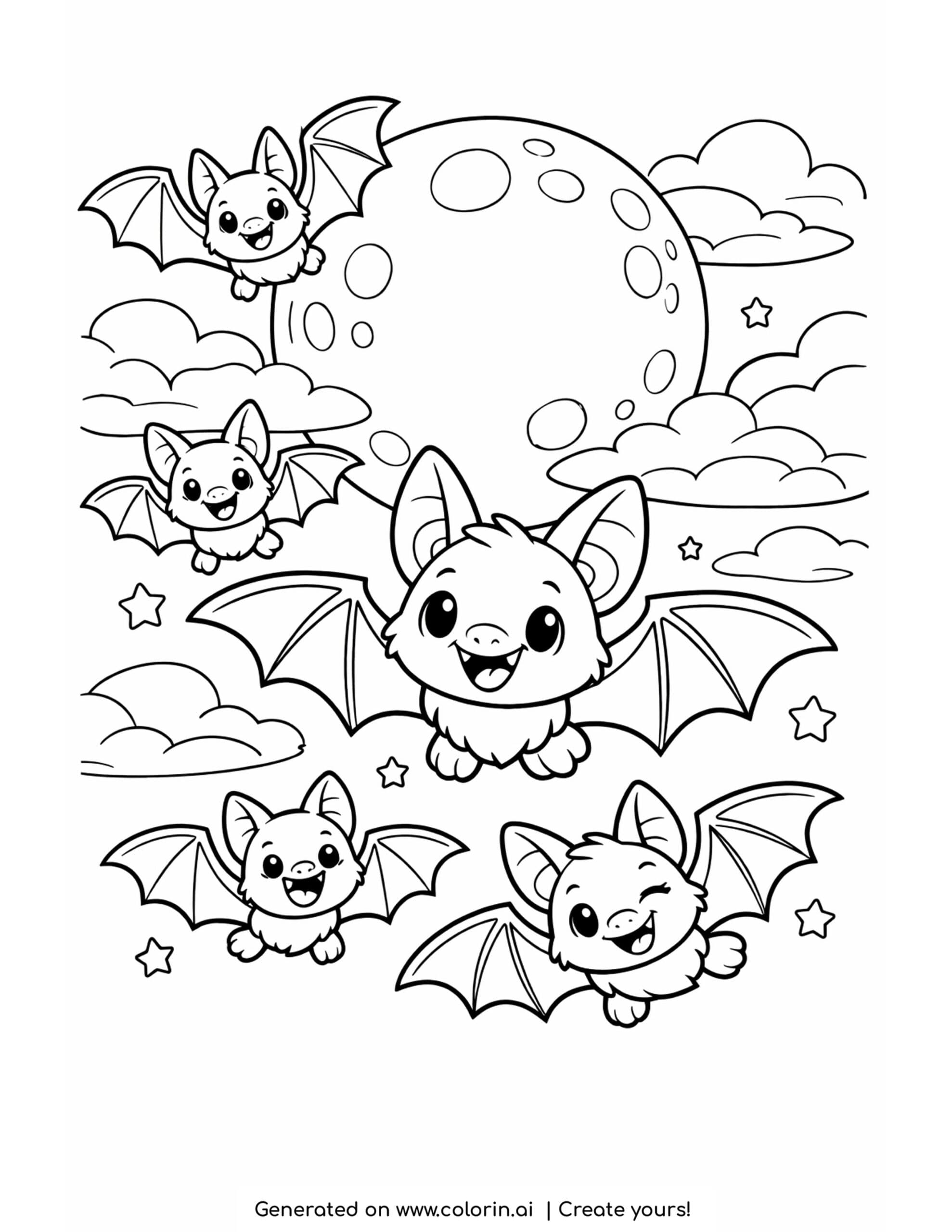 bat coloring pages, a swarm of cute bats flying over a moonlit sky with clouds and stars
