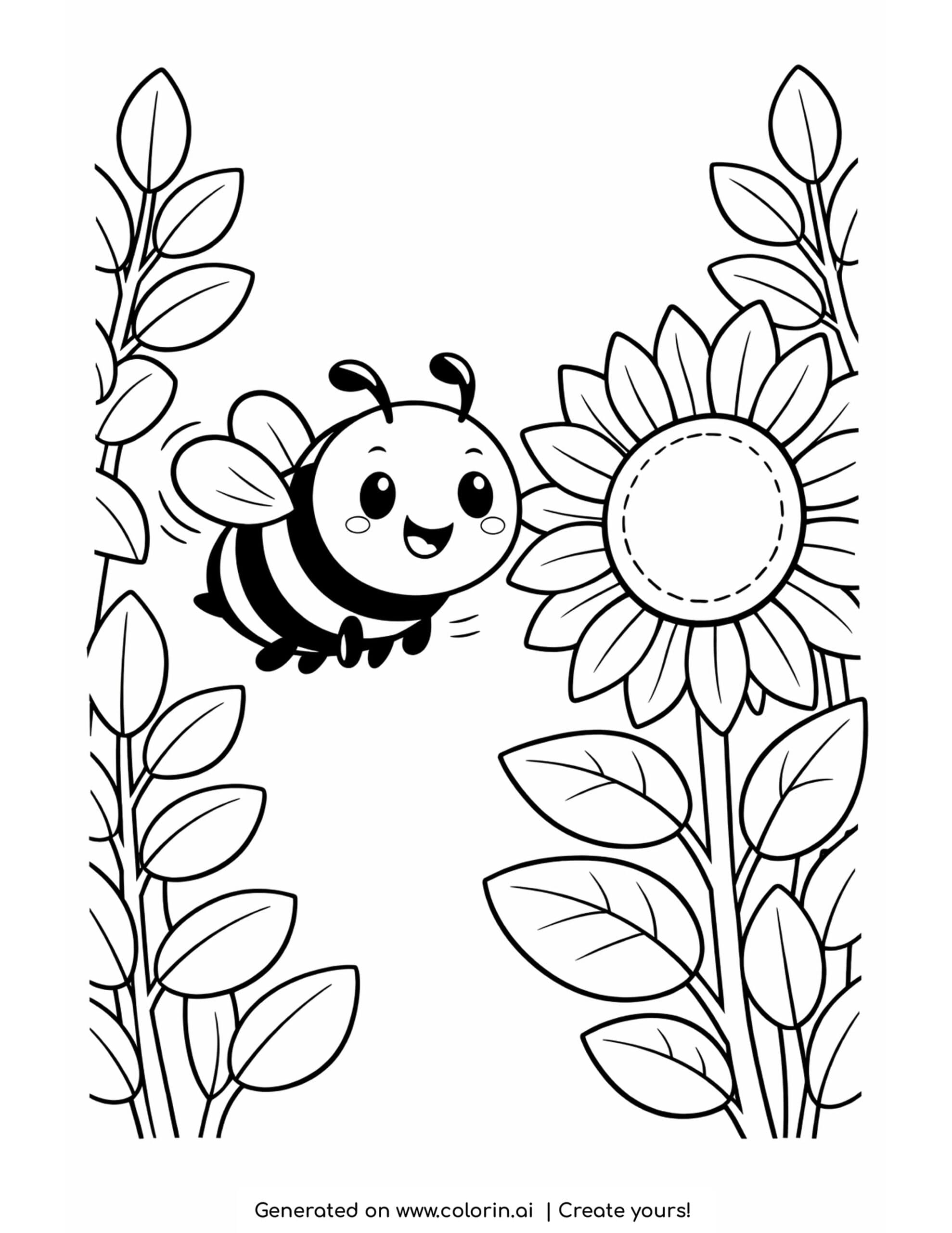 bee coloring pages, a happy round bee buzzing around a big sunflower with leaves on each side