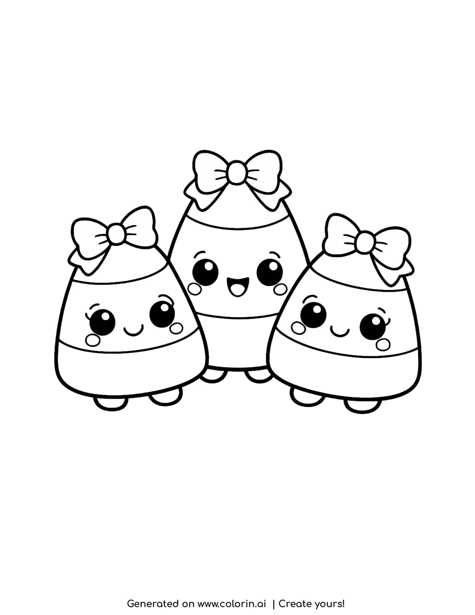 candy corn coloring pages, three smiling candy corn characters with bows and big eyes