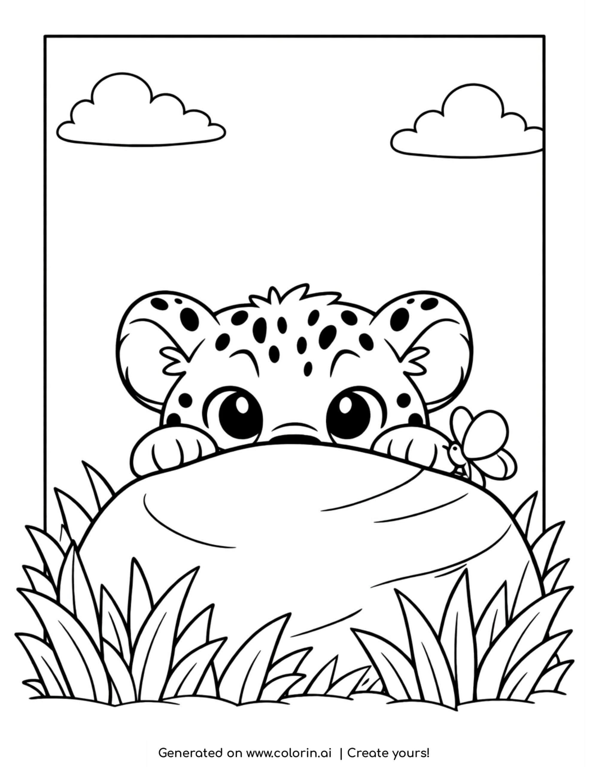 cheetah coloring pages, a cheetah cub peeking over a rock with a butterfly