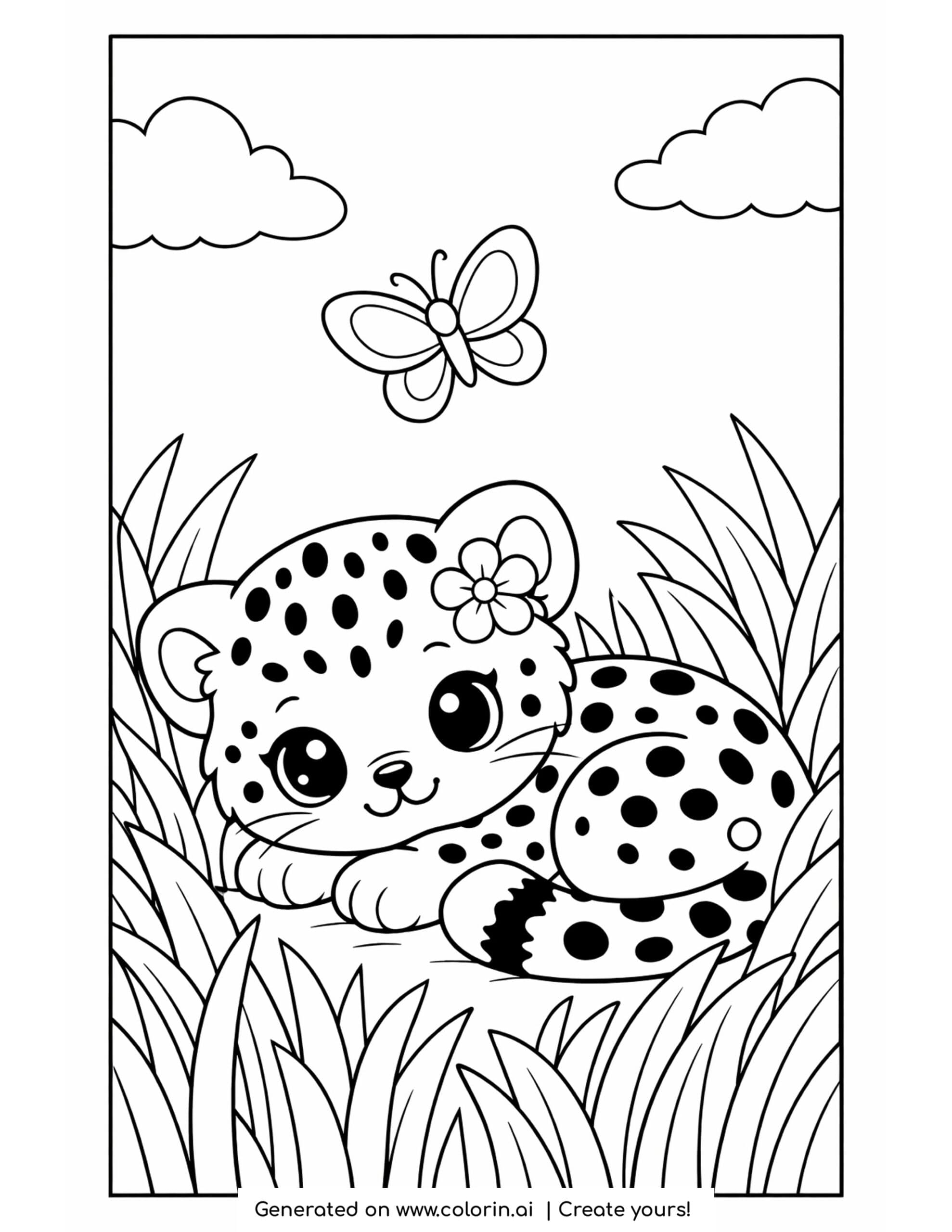 cheetah coloring pages, a spotted cheetah cub resting in tall grass with a butterfly fluttering above