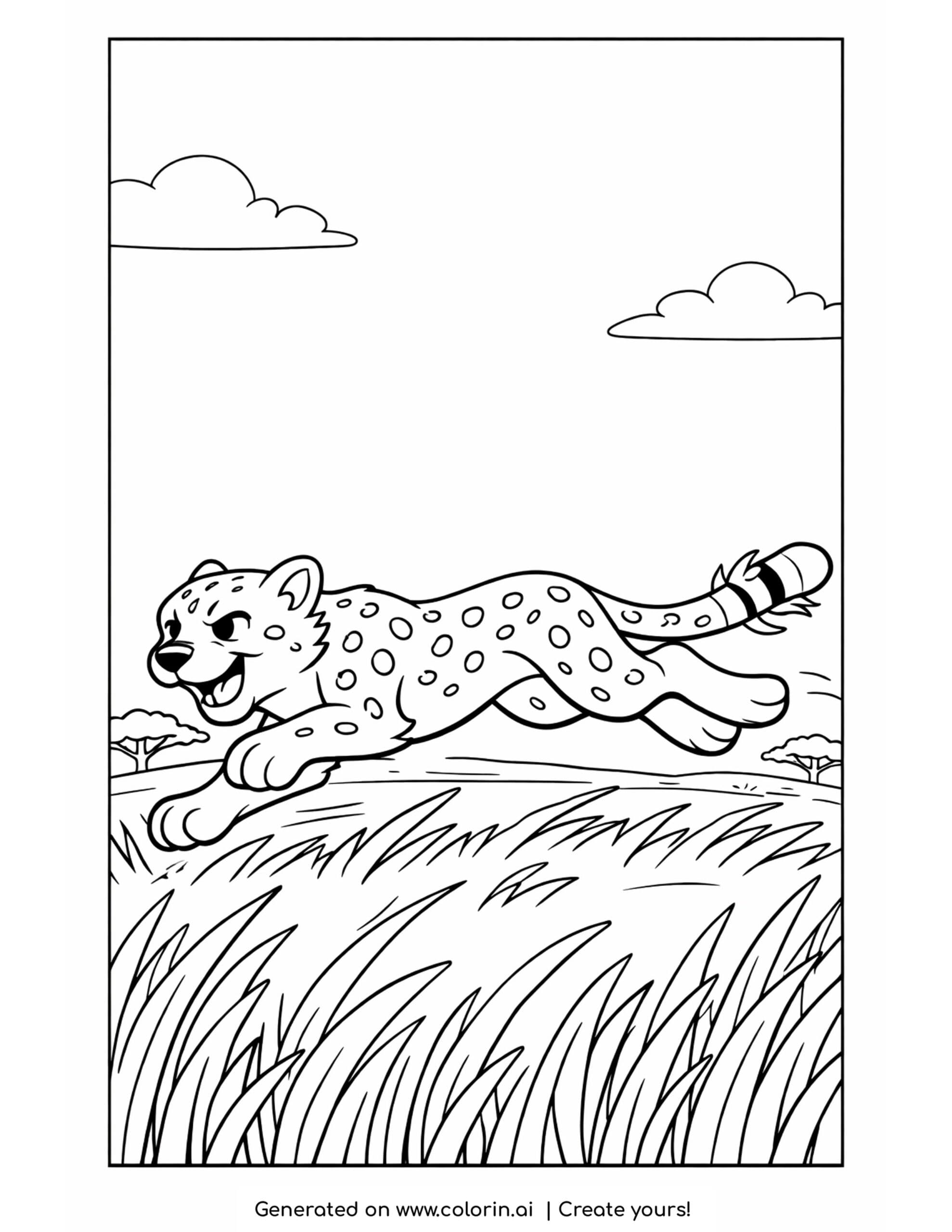 cheetah coloring pages, a spotted cheetah sprinting low across tall grass with small trees in the distance