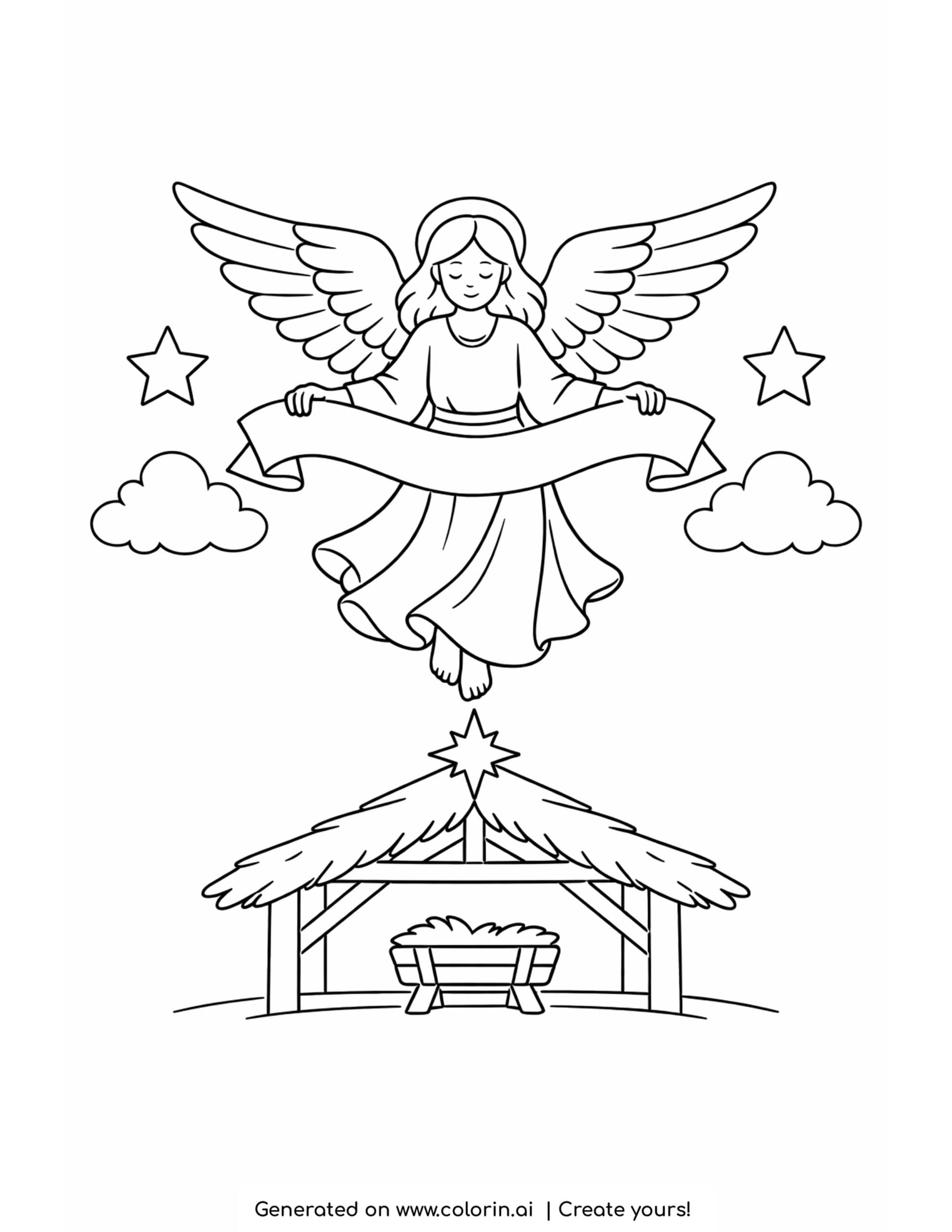 christian christmas coloring pages, an angel holding a banner above a stable with a manger and a star