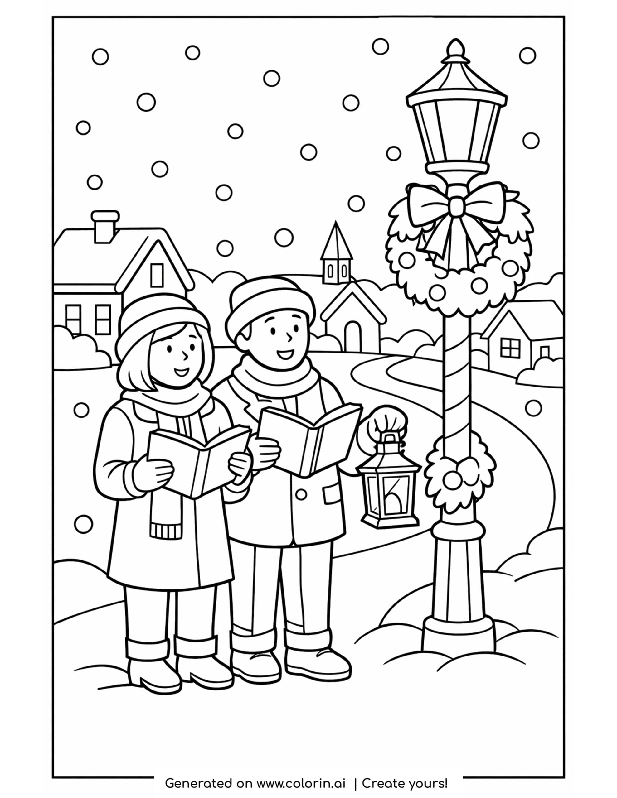 Printable christmas coloring pages: two carolers singing by a lamppost in a snowy village. Download the instant PDF, warm and festive to color.