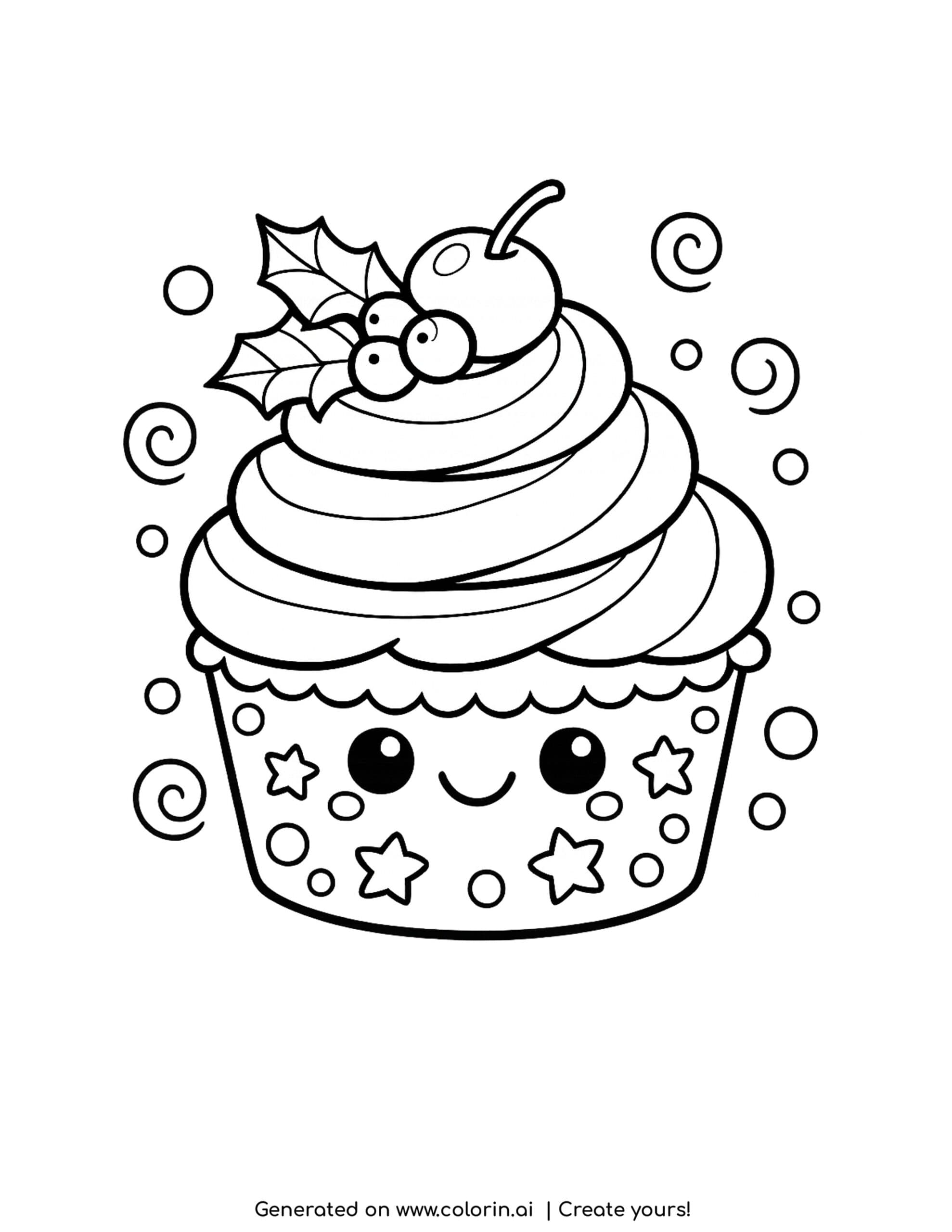 kawaii cute christmas coloring pages, a smiling cupcake with swirled frosting, a cherry, and a holly topper