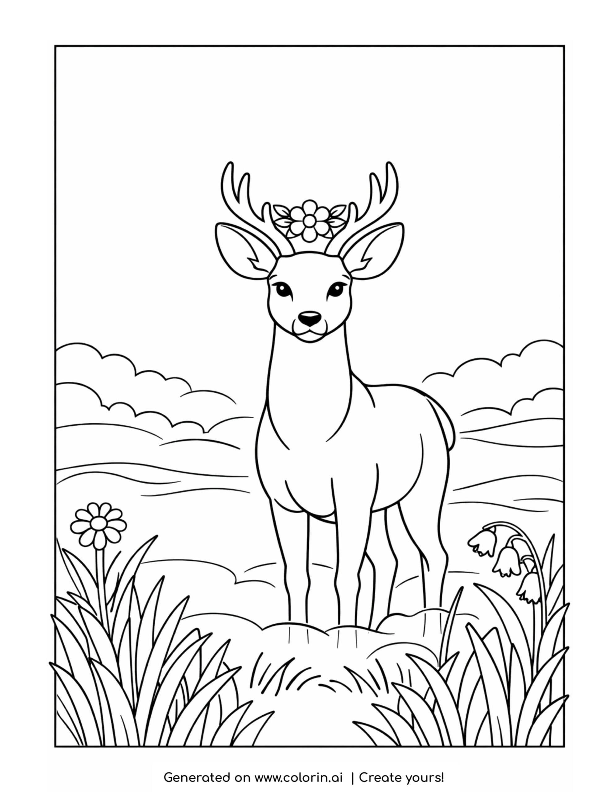 deer coloring pages, a gentle deer standing in a misty meadow with a flower on its antlers and soft hills