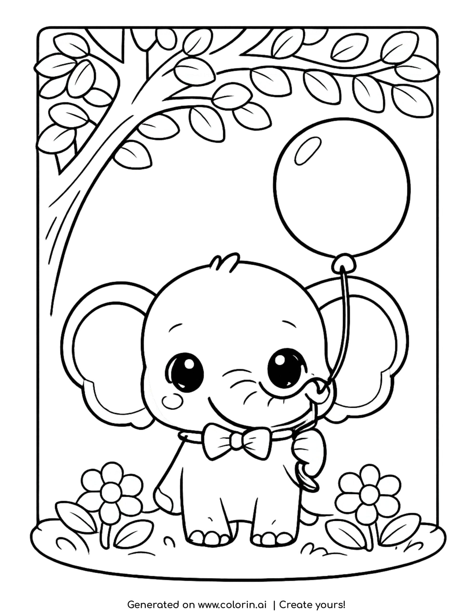 cute elephant coloring pages, a baby elephant holding a balloon with its trunk